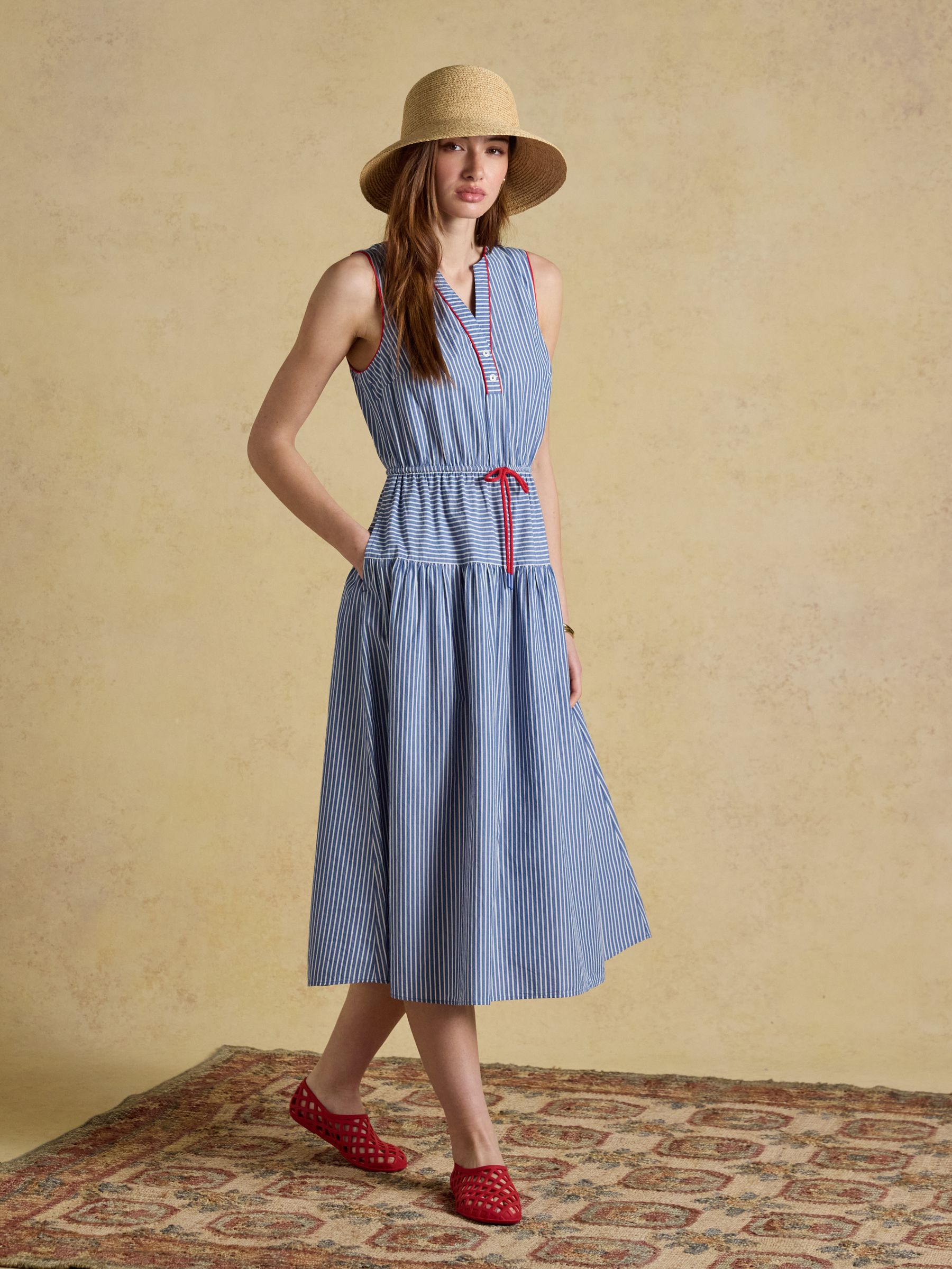 Clara Blue Striped Dropped Waist Summer Midi Dress - Image 4 of 8