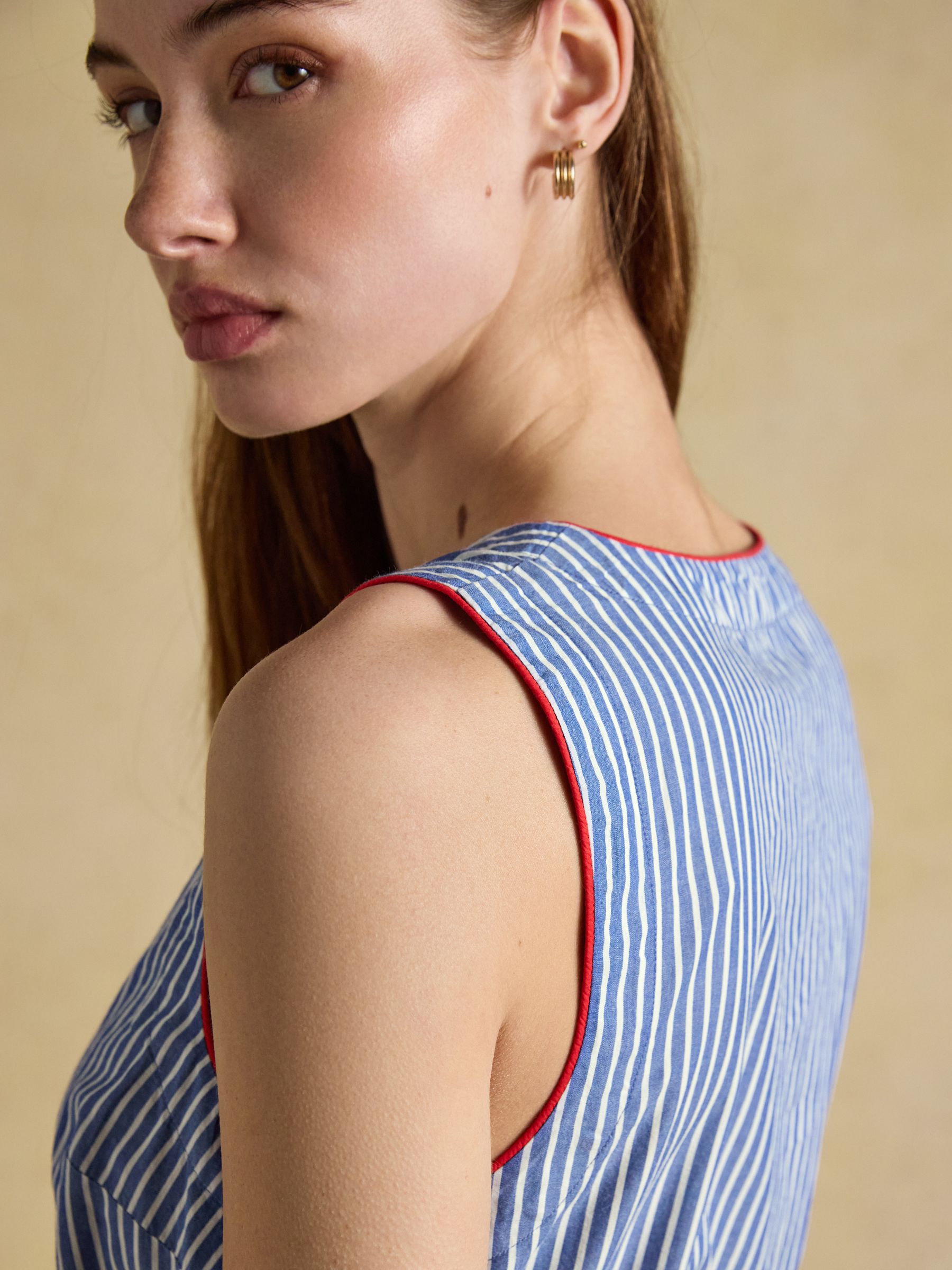 Clara Blue Striped Dropped Waist Summer Midi Dress - Image 6 of 8