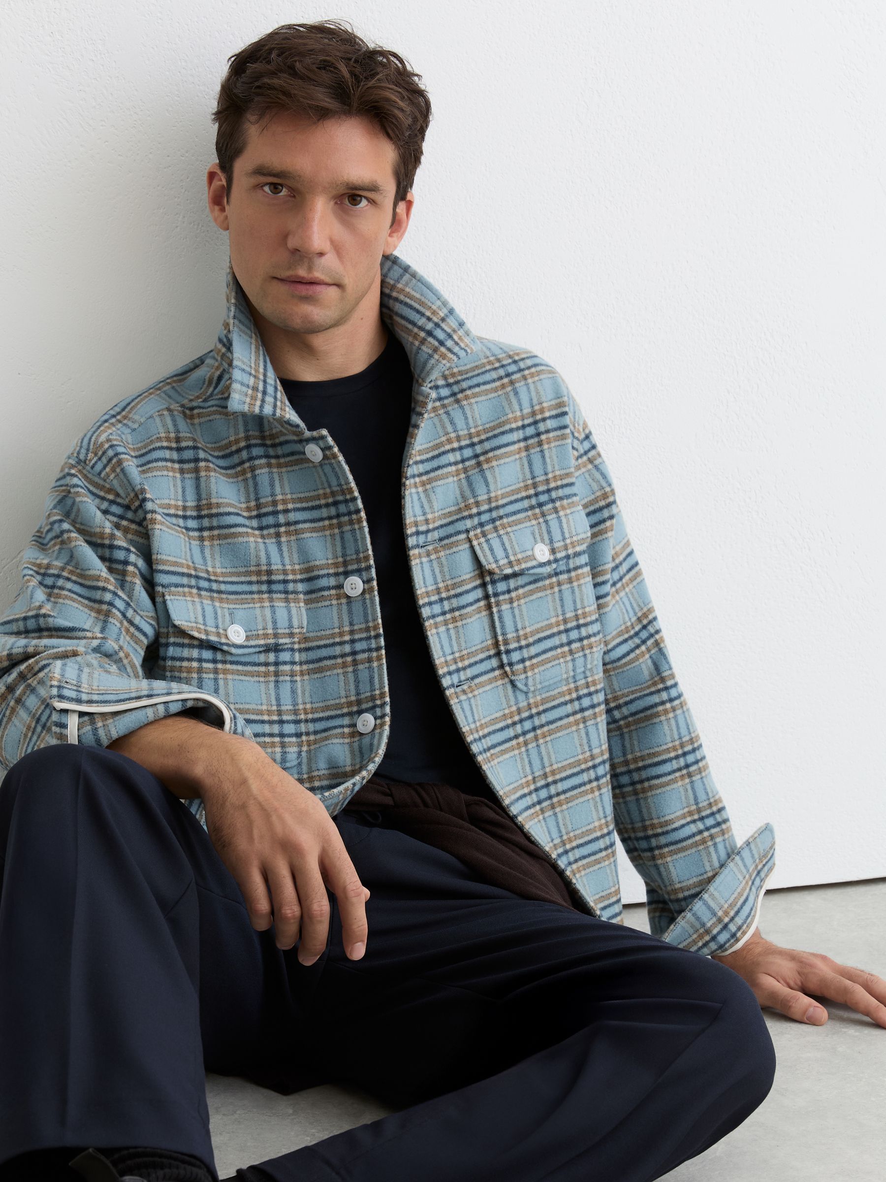 Wool-Blend Twin-Pocket Check Overshirt in Soft Blue Multi - Image 1 of 7
