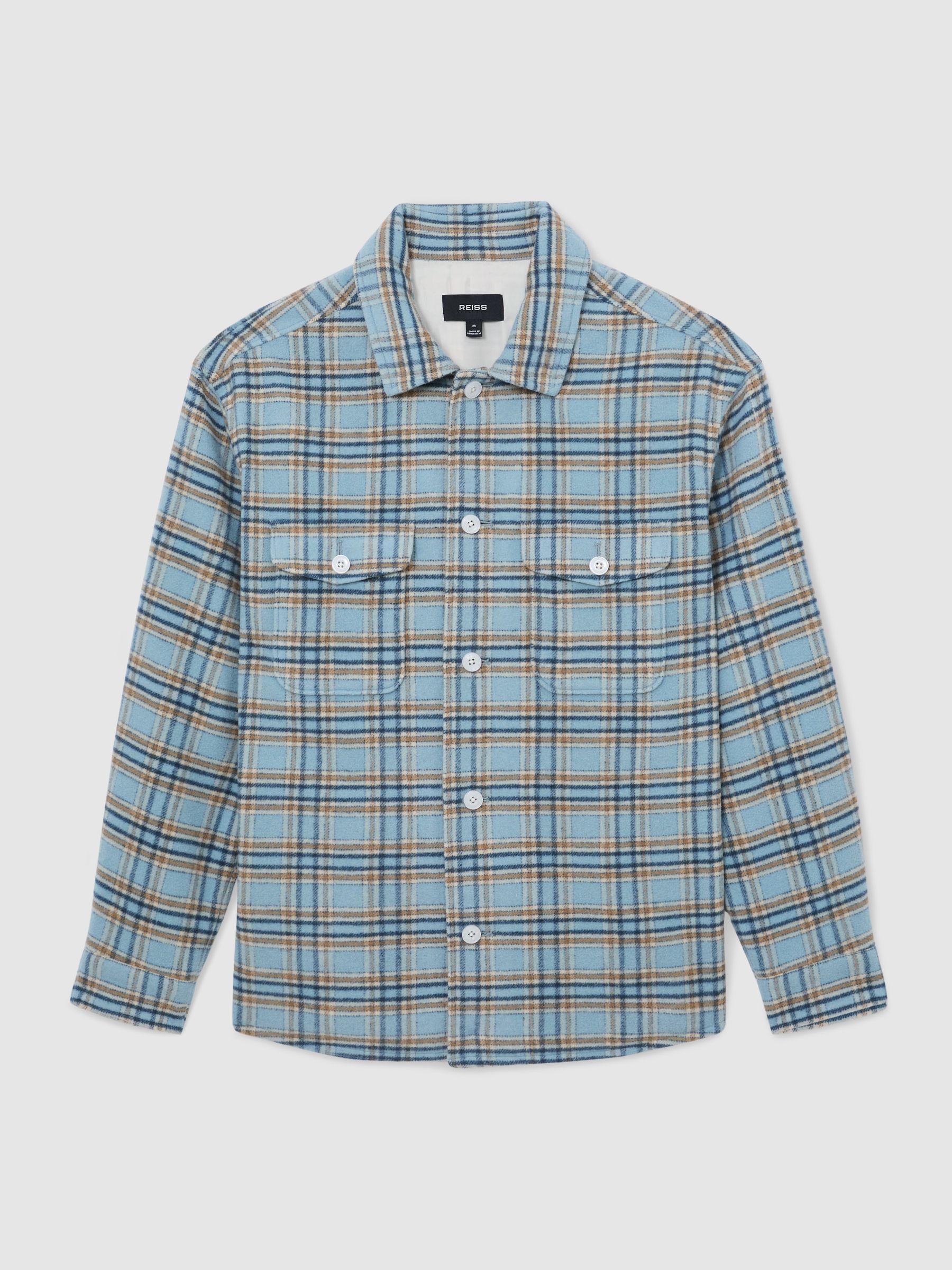 Wool-Blend Twin-Pocket Check Overshirt in Soft Blue Multi - Image 2 of 7