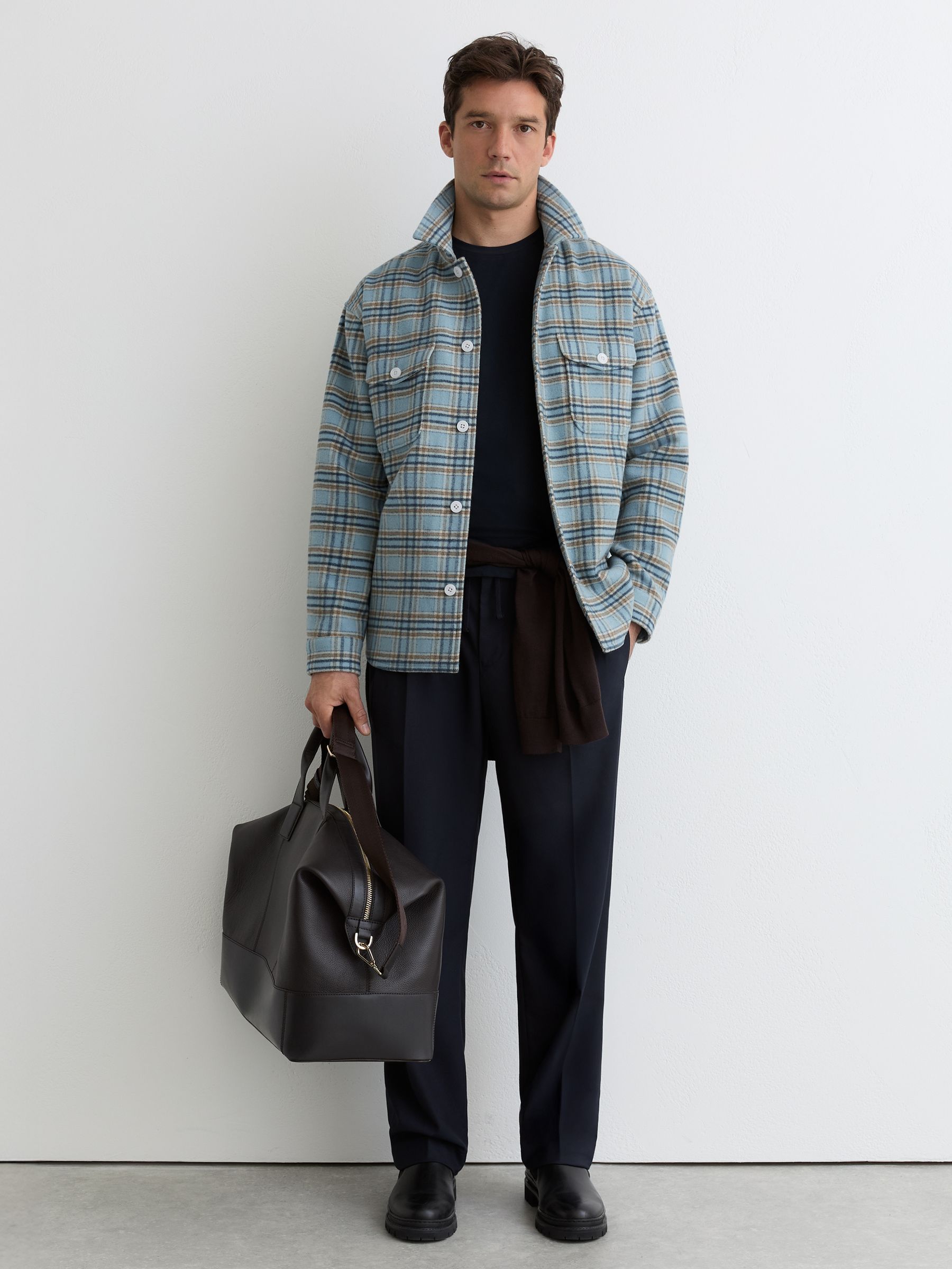 Wool-Blend Twin-Pocket Check Overshirt in Soft Blue Multi - Image 3 of 7