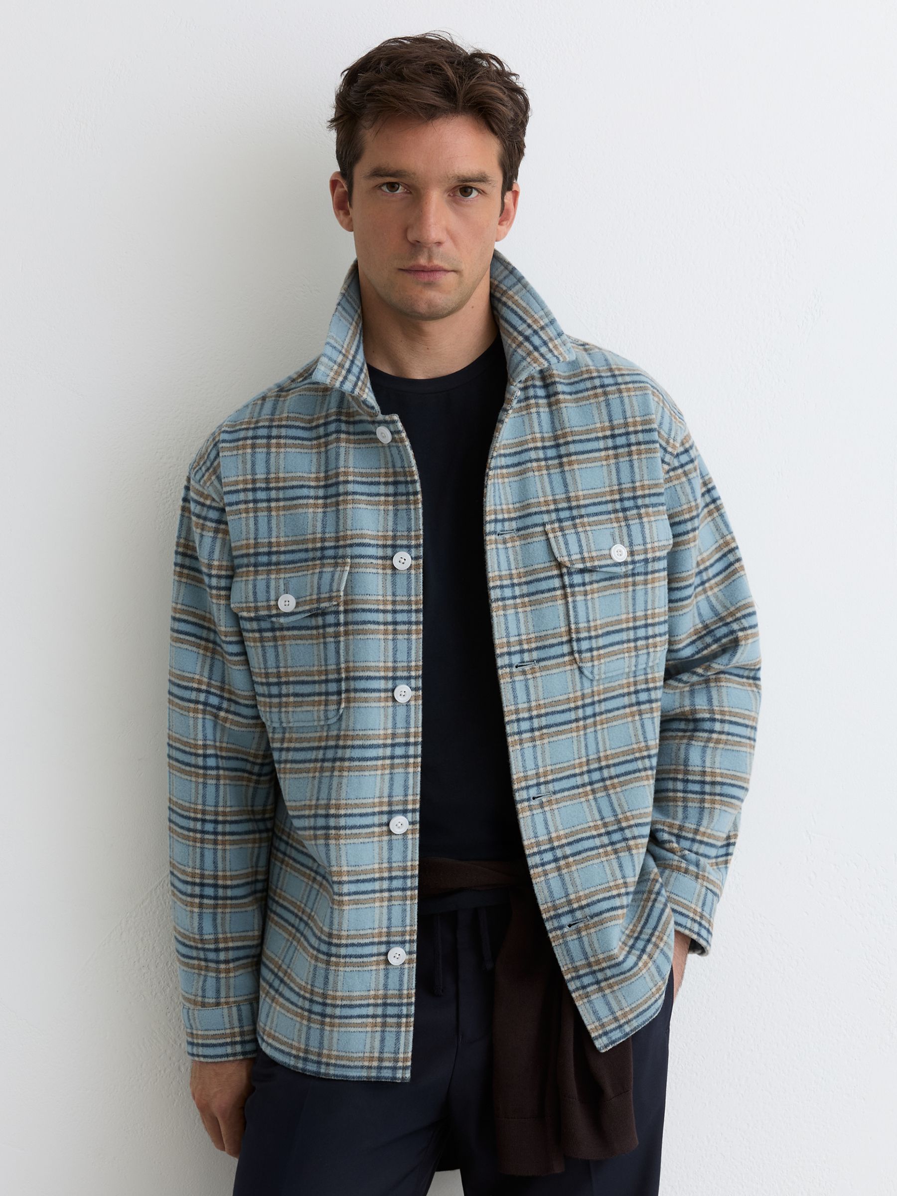 Wool-Blend Twin-Pocket Check Overshirt in Soft Blue Multi - image 5