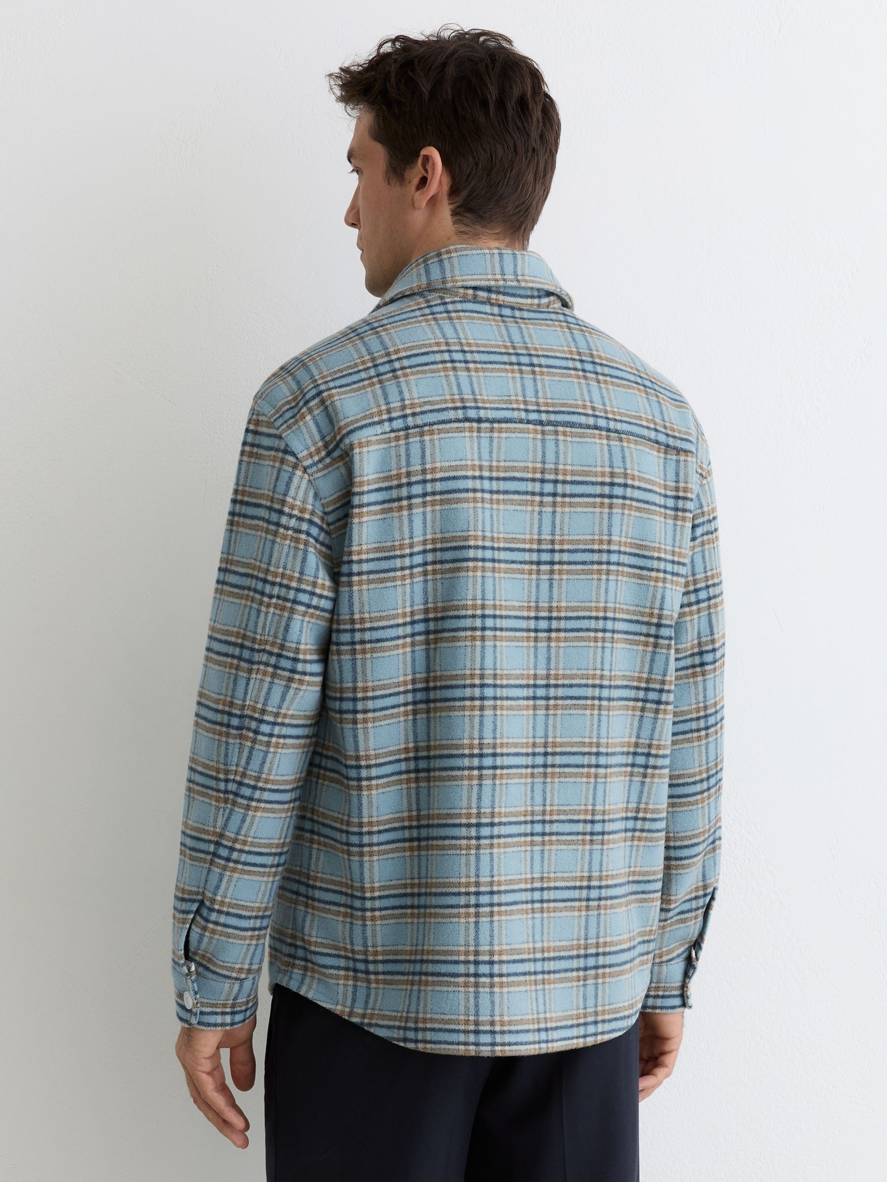 Wool-Blend Twin-Pocket Check Overshirt in Soft Blue Multi - image 4