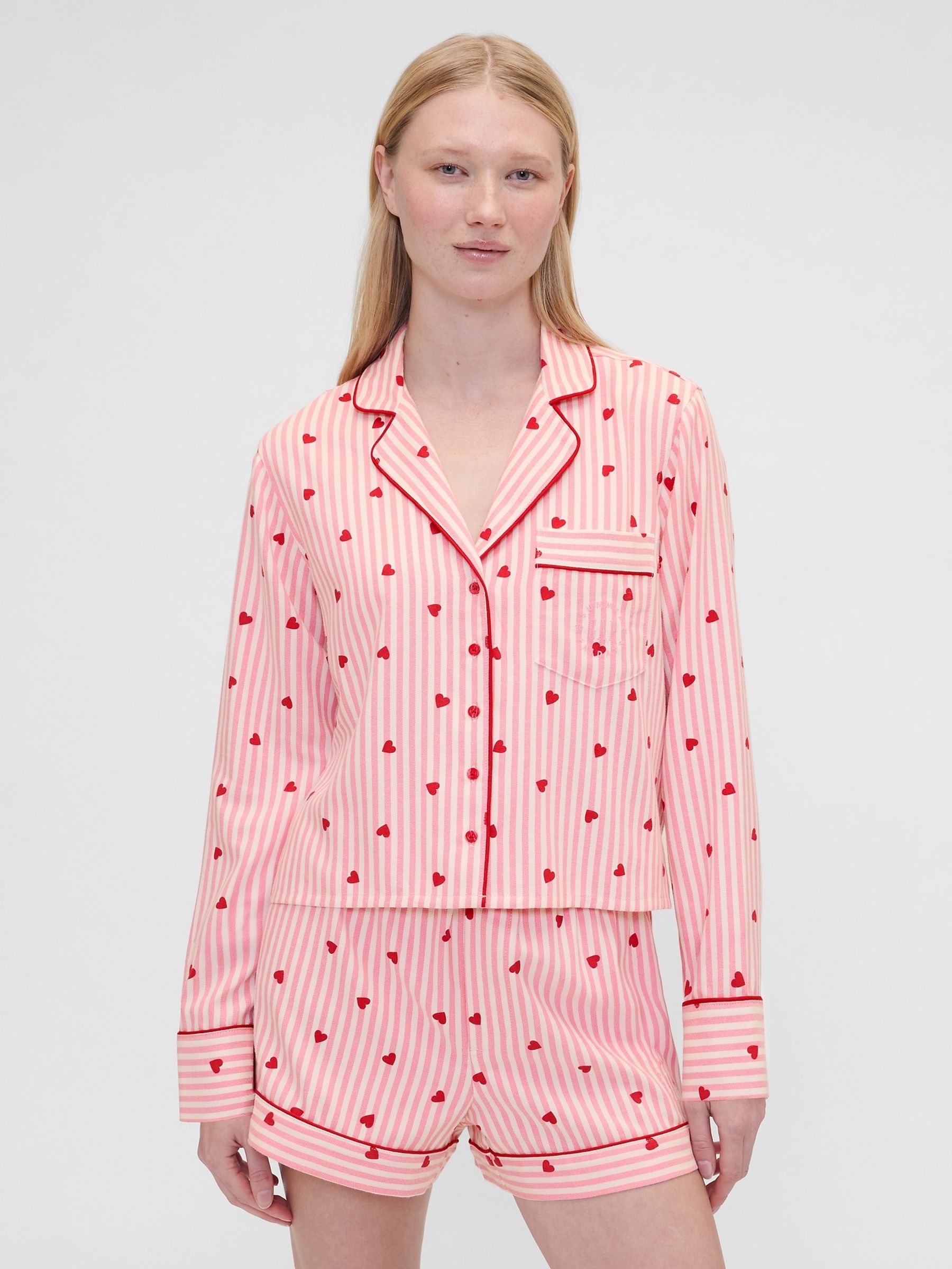 Gap X Summer Fridays Pink/Red Relaxed Flannel Hearts Pyjama Shirt - Image 1 of 7