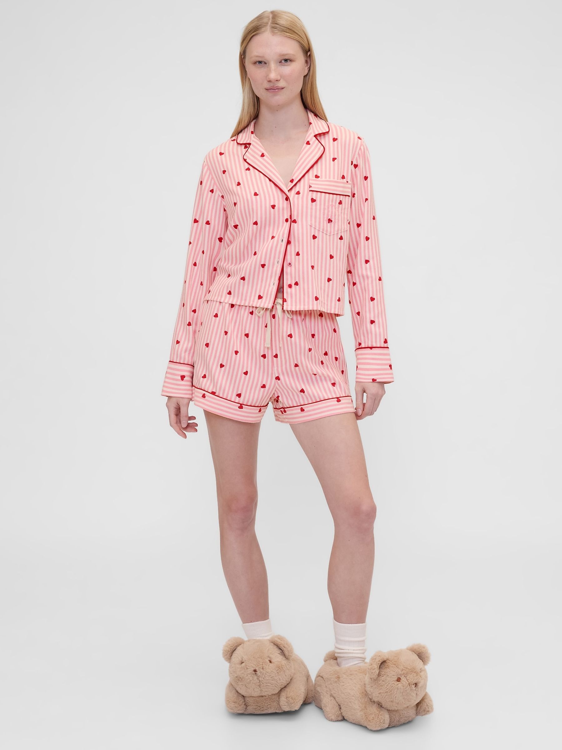 Gap X Summer Fridays Pink/Red Relaxed Flannel Hearts Pyjama Shirt - Image 3 of 7