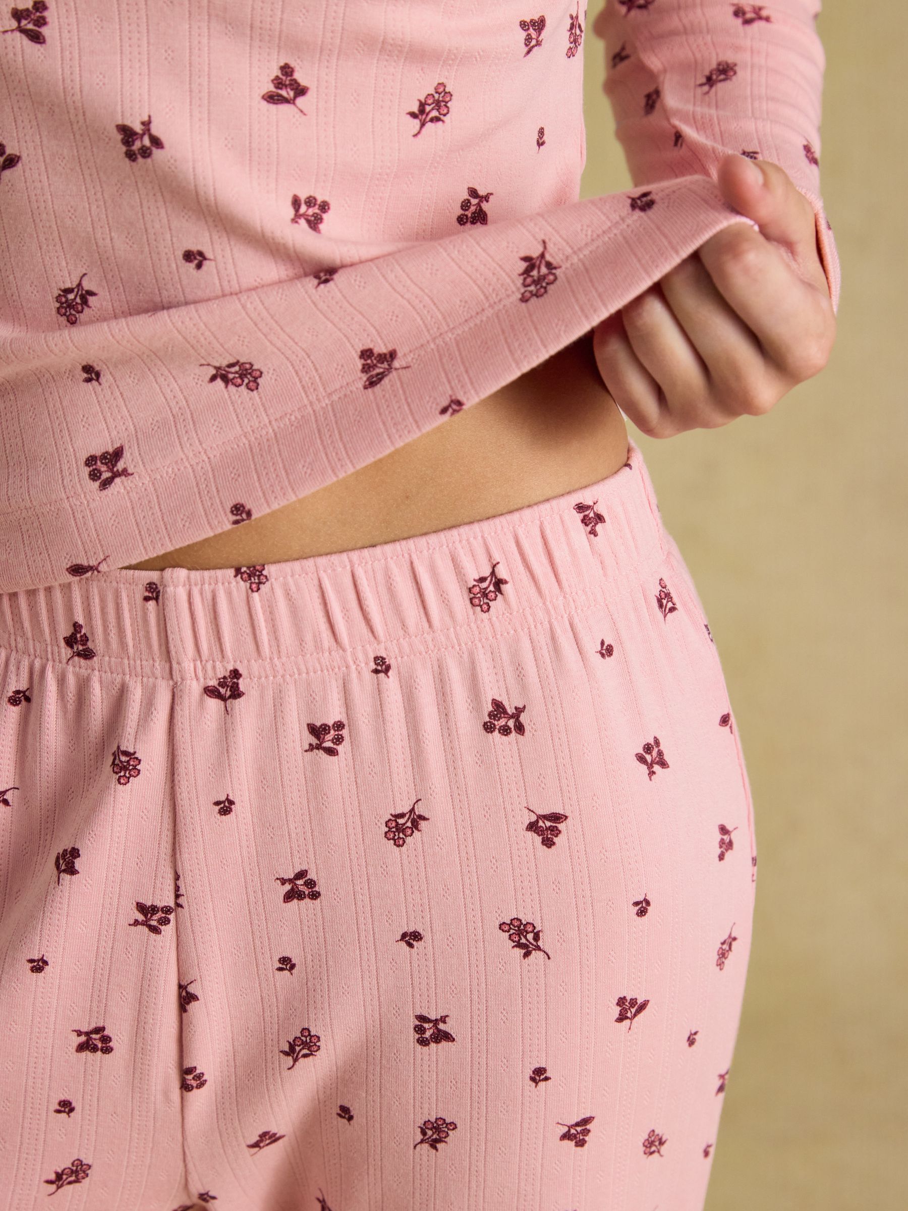 Pointelle Pink Floral Printed Cotton Long Sleeve Pyjama Set - Image 4 of 7