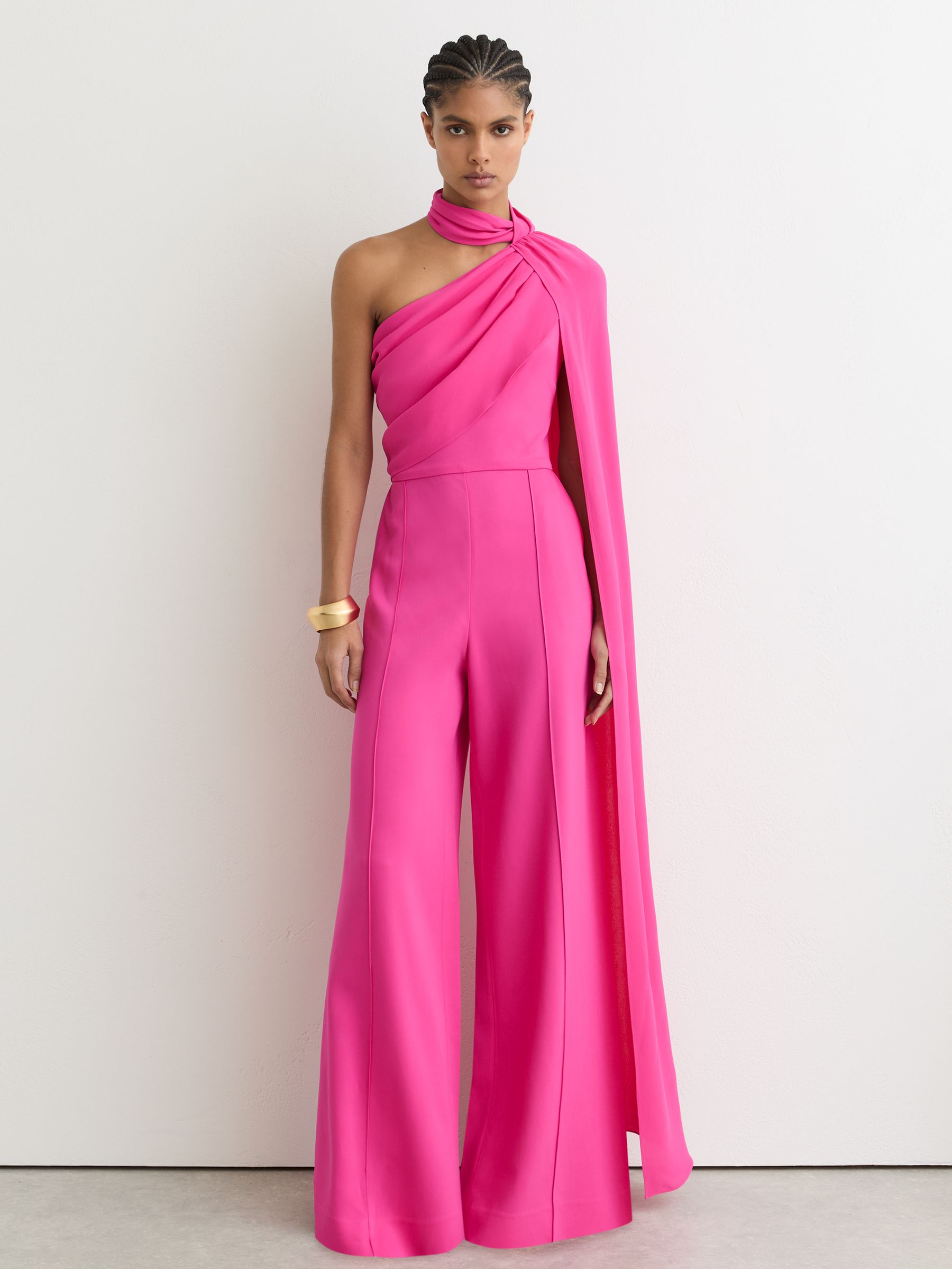 Petite One-Shoulder Drape Wide-Leg Jumpsuit in Raspberry Pink - Image 1 of 8