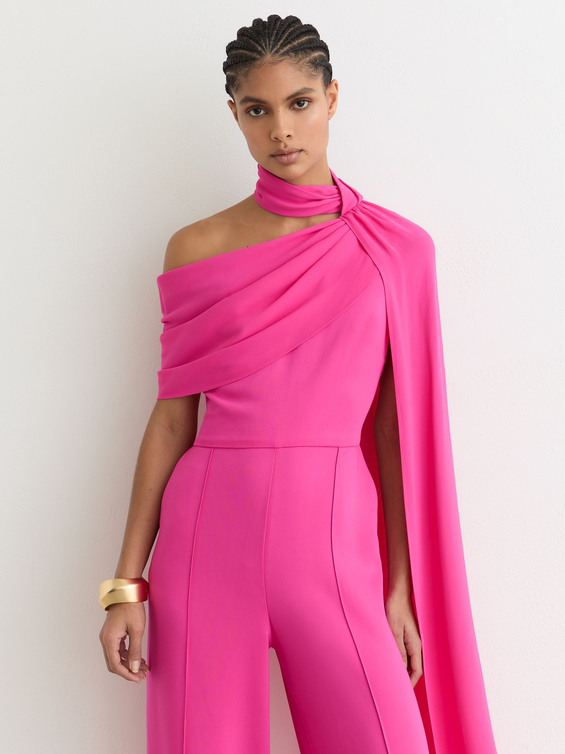 Petite One-Shoulder Drape Wide-Leg Jumpsuit in Raspberry Pink - Image 3 of 8
