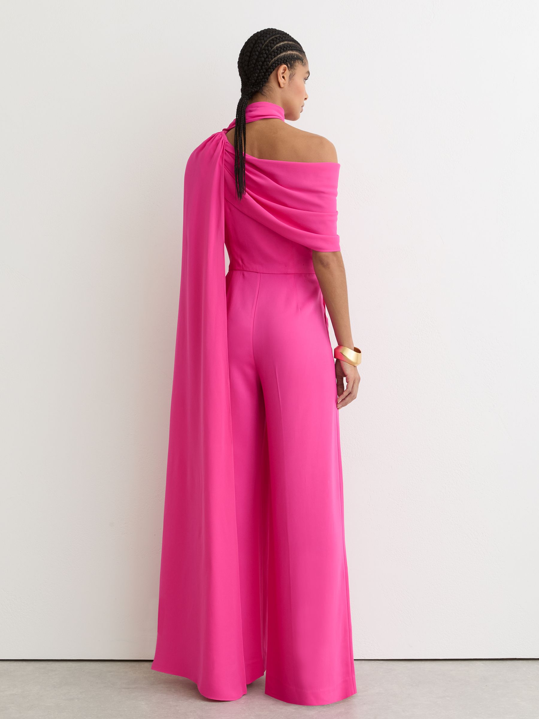 Petite One-Shoulder Drape Wide-Leg Jumpsuit in Raspberry Pink - Image 6 of 8