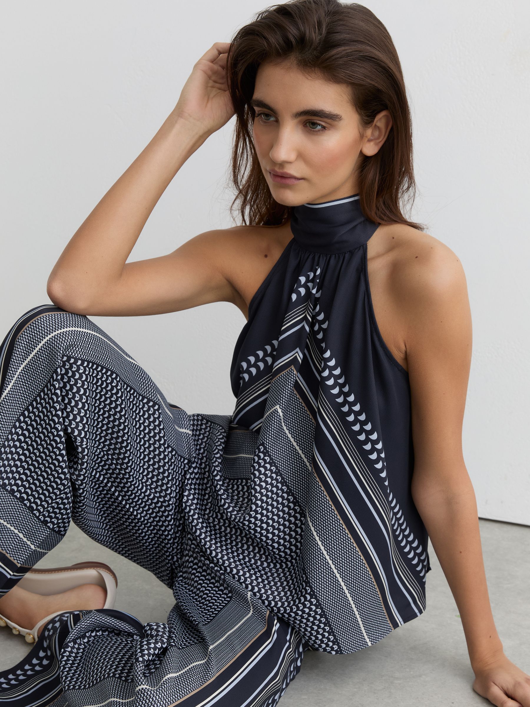 Scarf-Print Tie-Neck Sleeveless Top in Navy - image 2