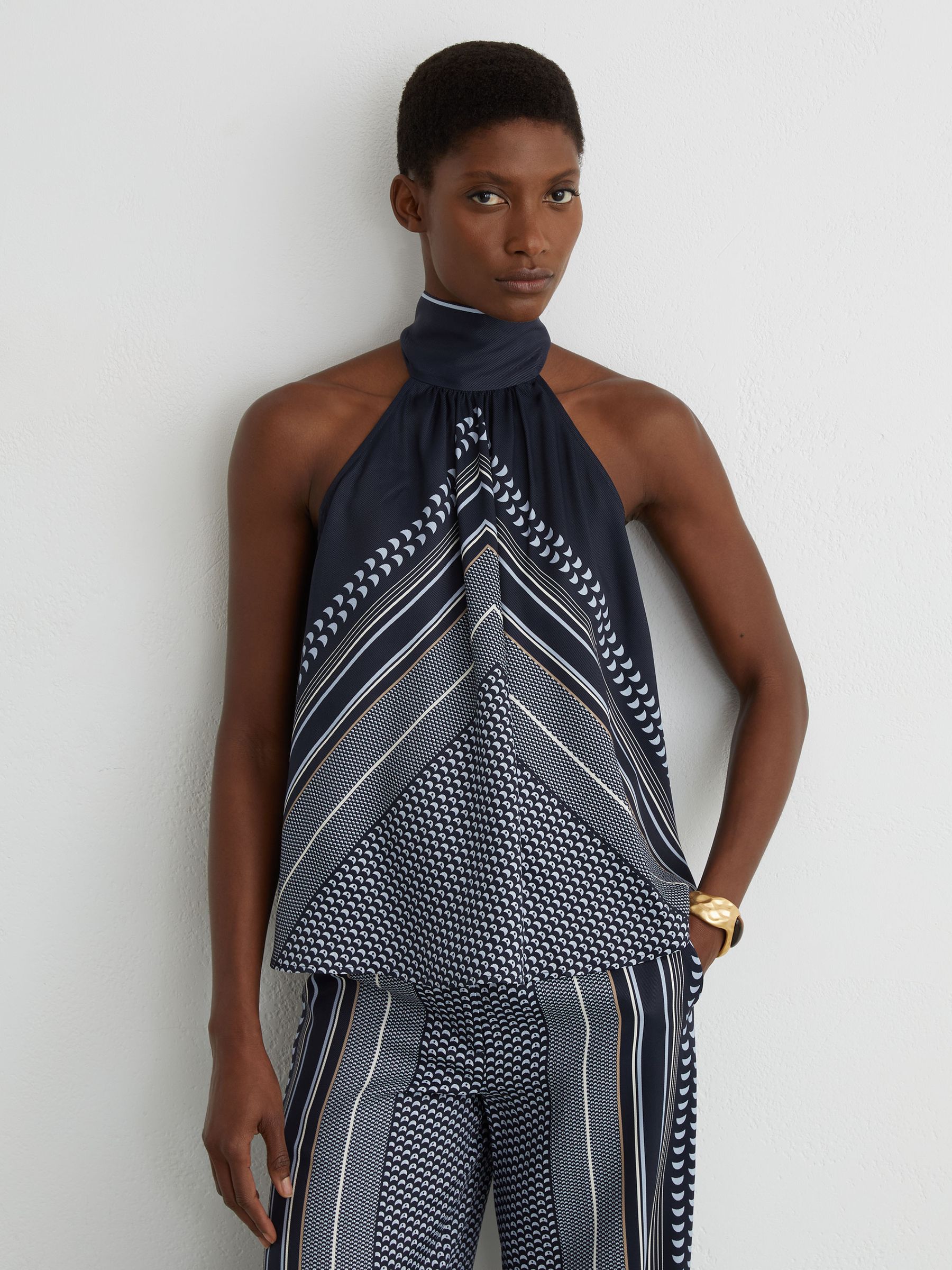 Scarf-Print Tie-Neck Sleeveless Top in Navy - Image 3 of 7