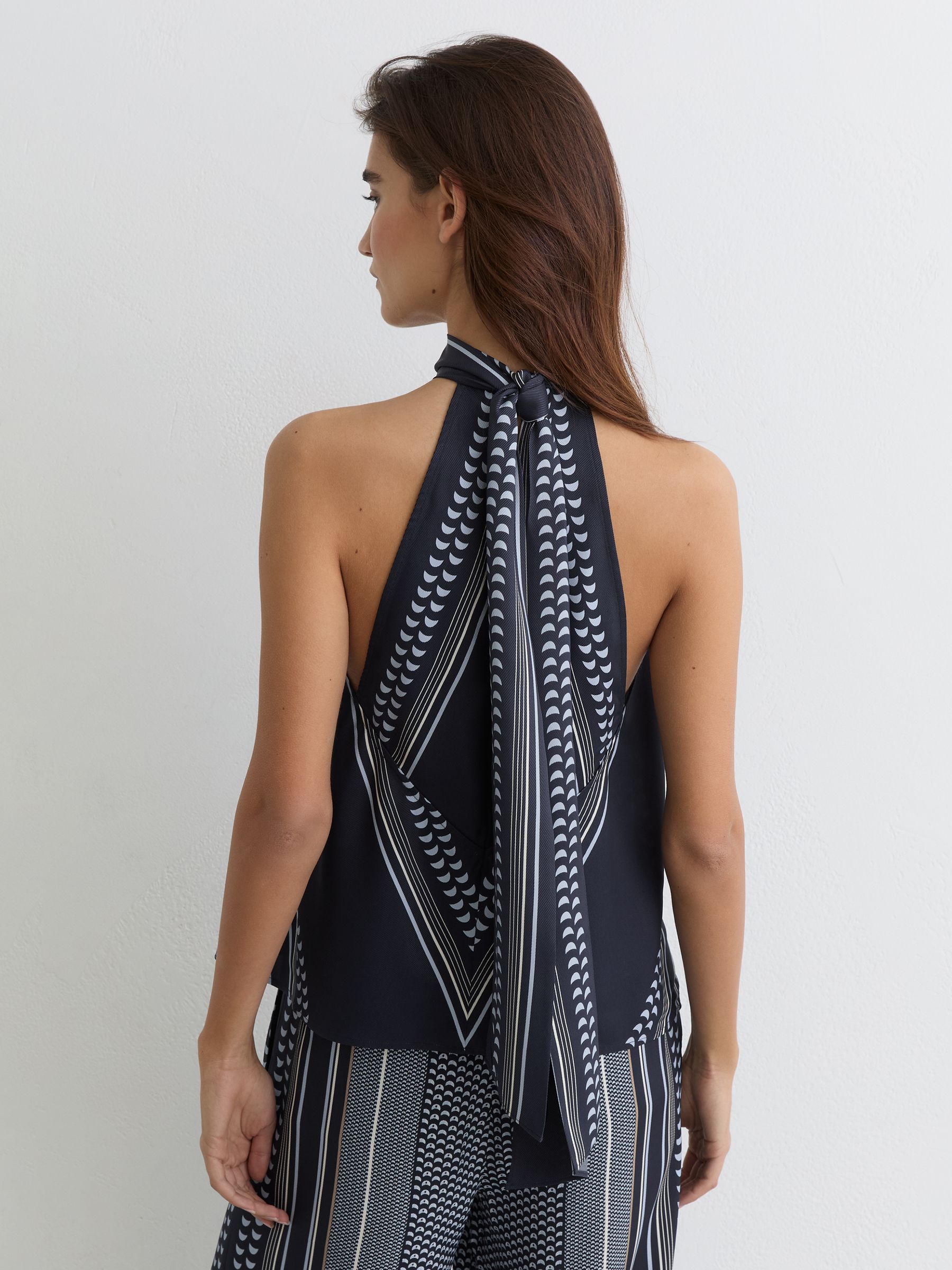 Scarf-Print Tie-Neck Sleeveless Top in Navy - image 4