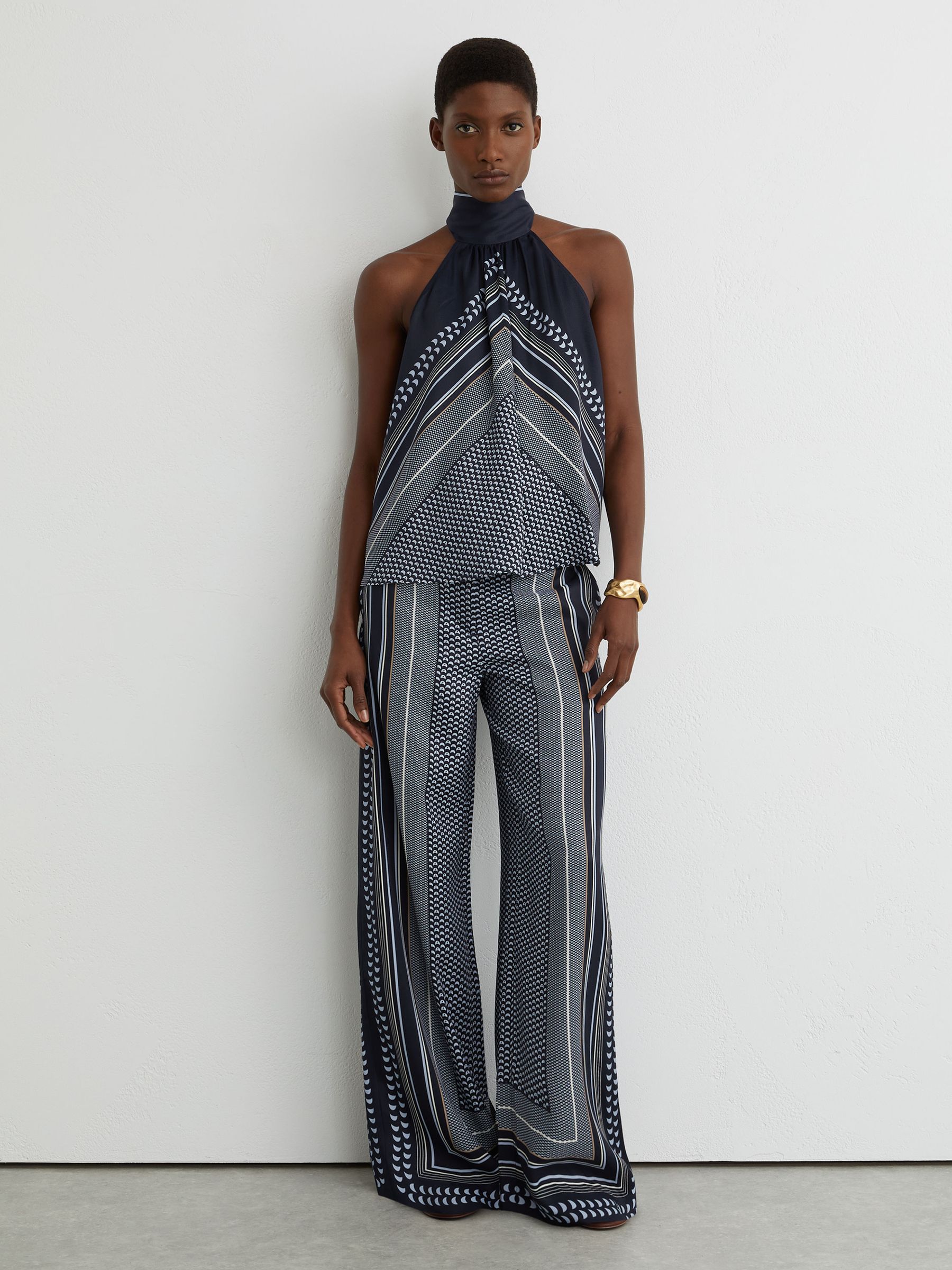 Scarf-Print Tie-Neck Sleeveless Top in Navy - Image 4 of 7