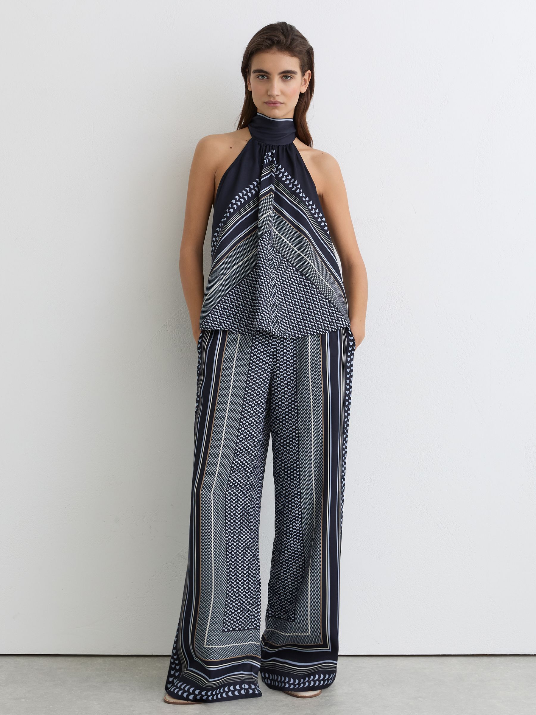 Scarf-Print Tie-Neck Sleeveless Top in Navy - image 5