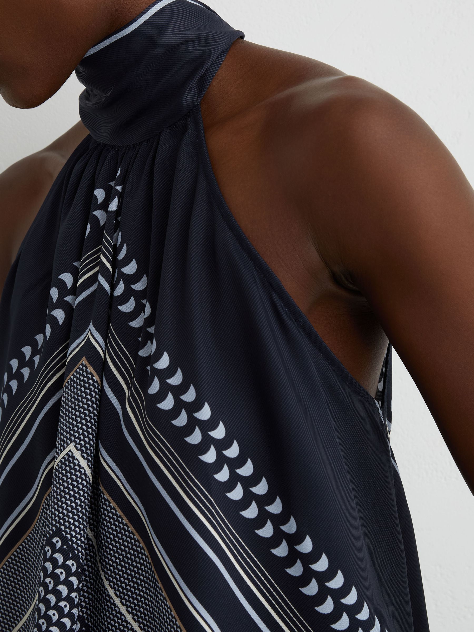 Scarf-Print Tie-Neck Sleeveless Top in Navy - Image 5 of 7