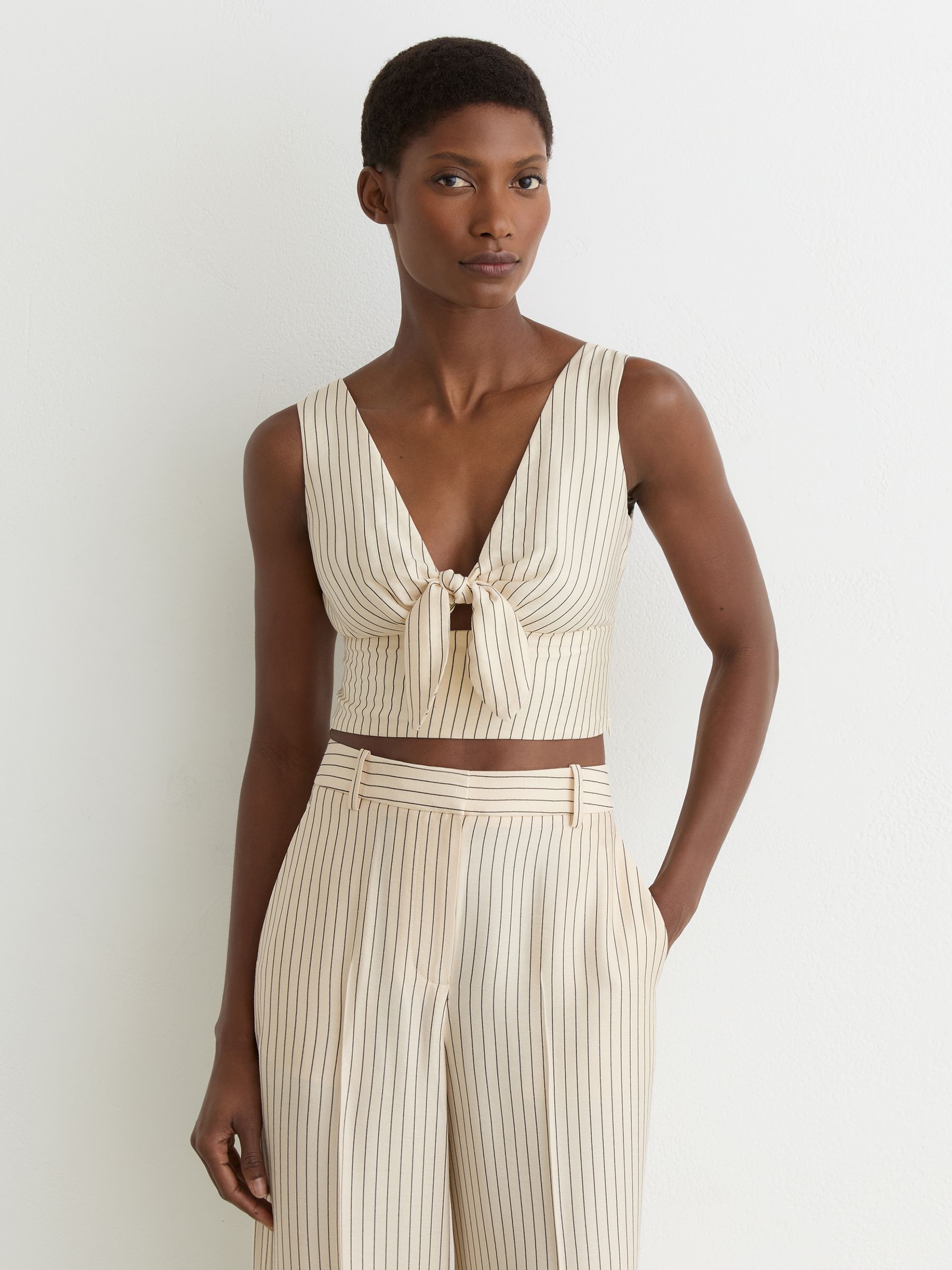 Pinstripe Tie-Front Cropped Top in Cream/Black - Image 1 of 6