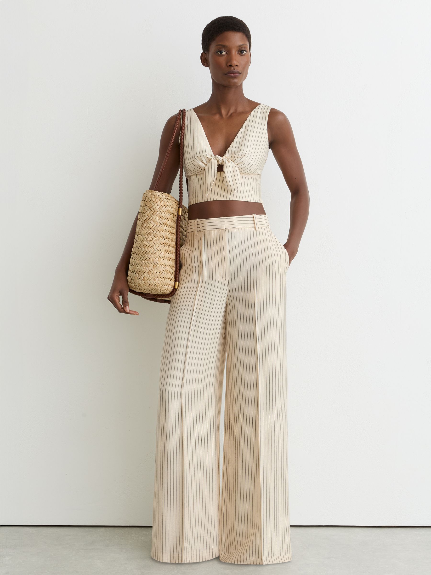 Pinstripe Tie-Front Cropped Top in Cream/Black - Image 3 of 6