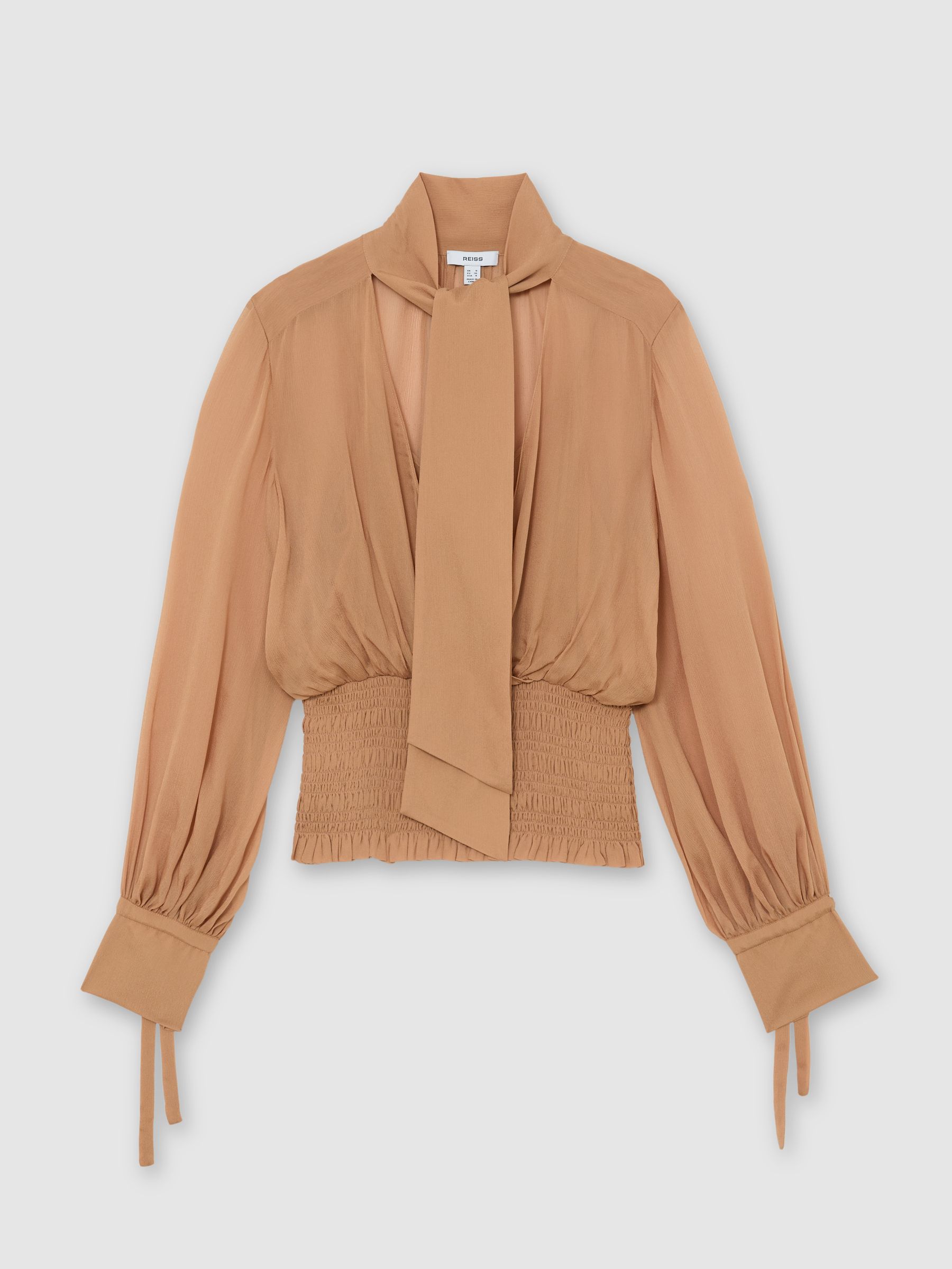 Sheer Tie-Neck Shirred Blouse in Rust Orange - image 1