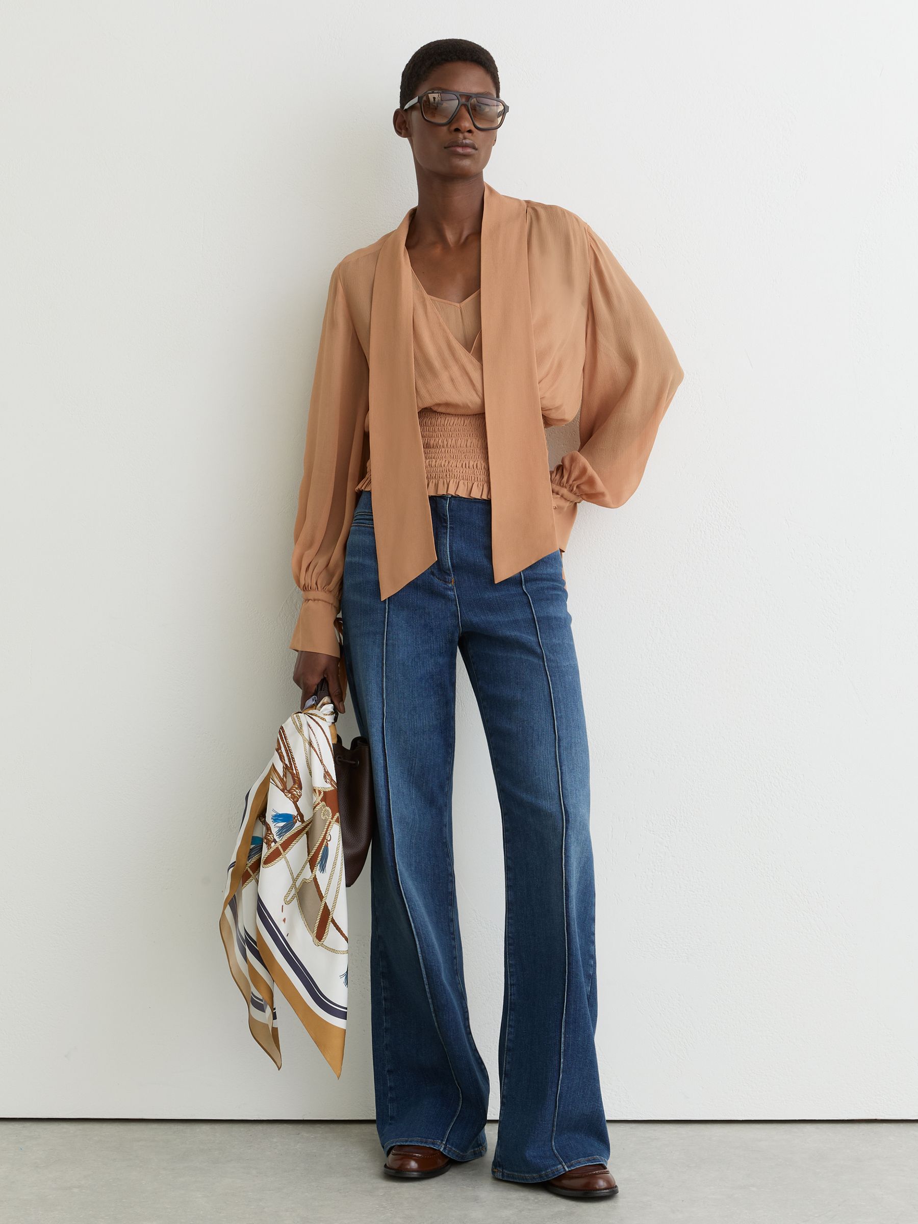 Sheer Tie-Neck Shirred Blouse in Rust Orange - Image 3 of 7