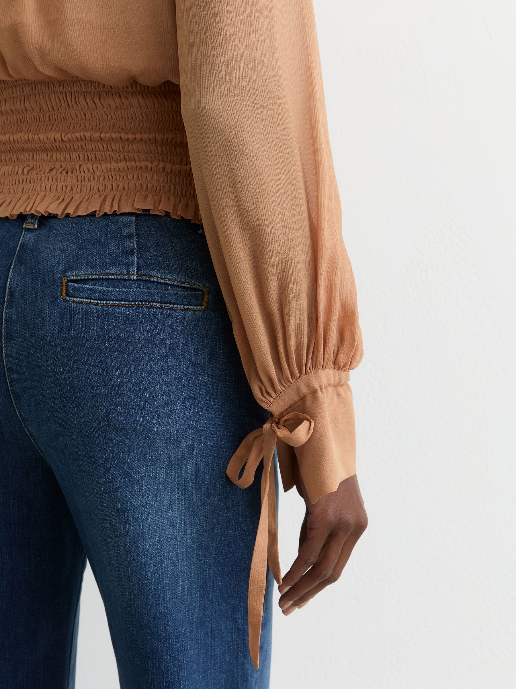 Sheer Tie-Neck Shirred Blouse in Rust Orange - Image 4 of 7