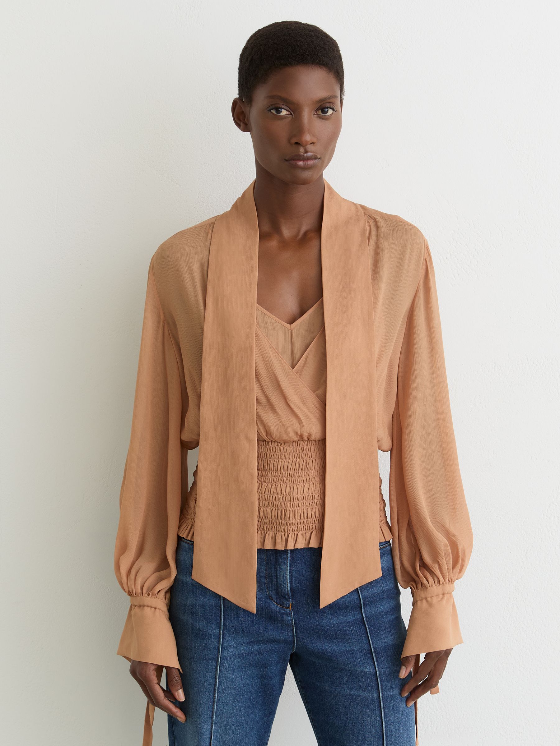 Sheer Tie-Neck Shirred Blouse in Rust Orange - image 5