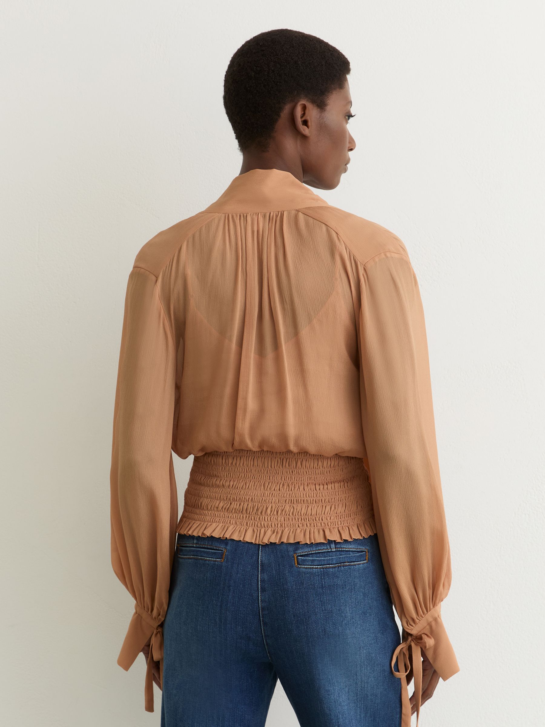 Sheer Tie-Neck Shirred Blouse in Rust Orange - Image 6 of 7