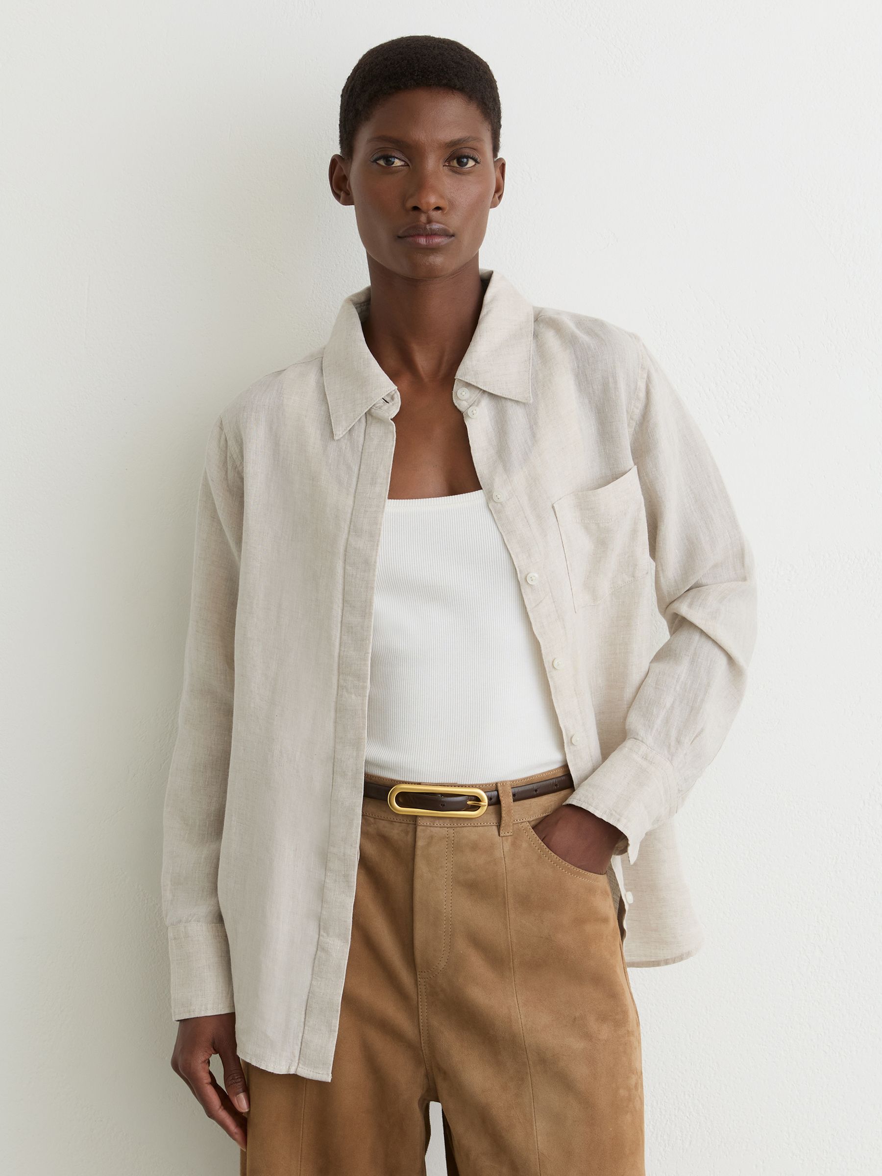 Linen Patch-Pocket Long-Sleeve Shirt in Beige Neutral - Image 1 of 6