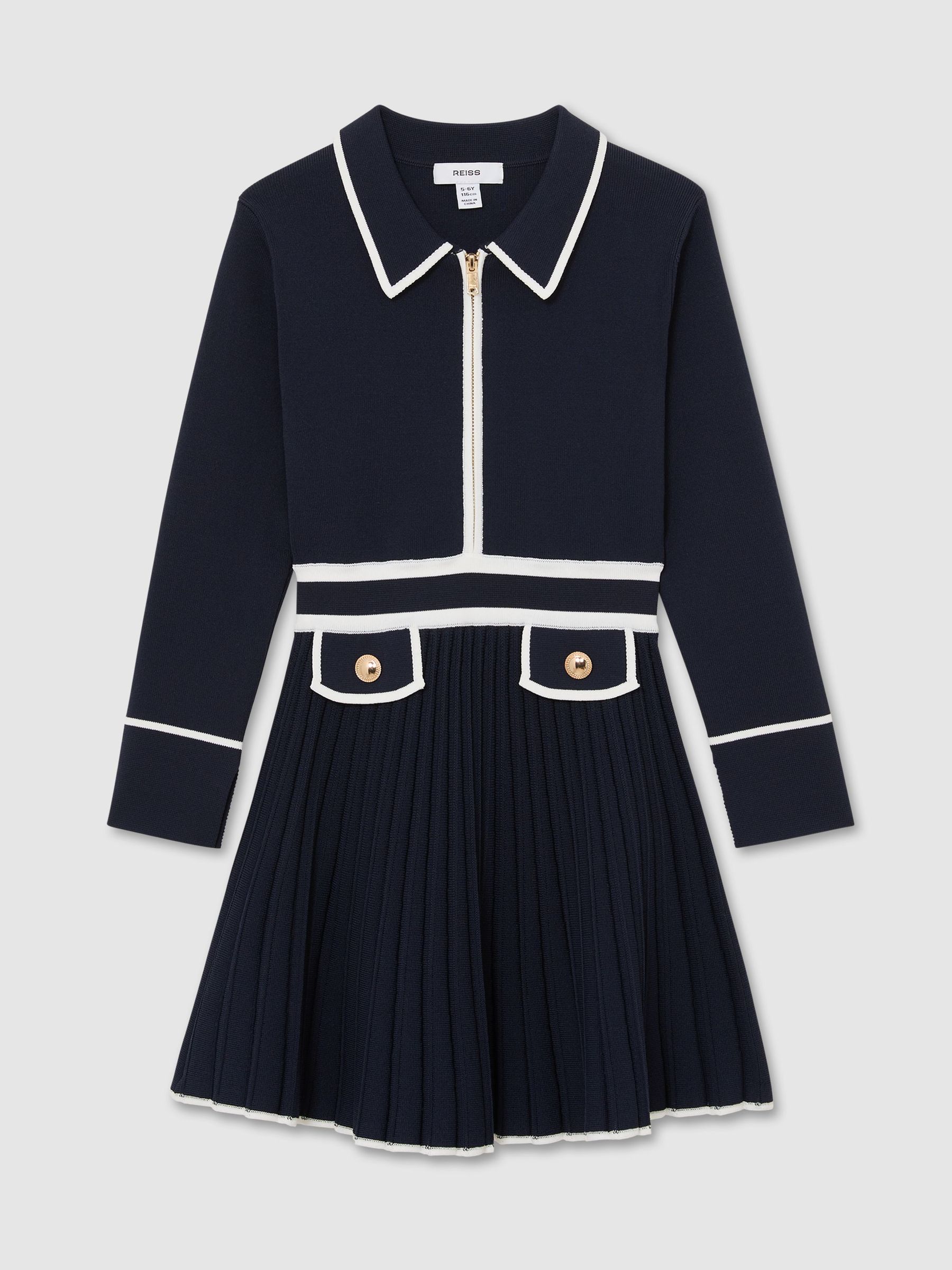 Pleated Tipped Knit Dress in Navy - Image 1 of 3