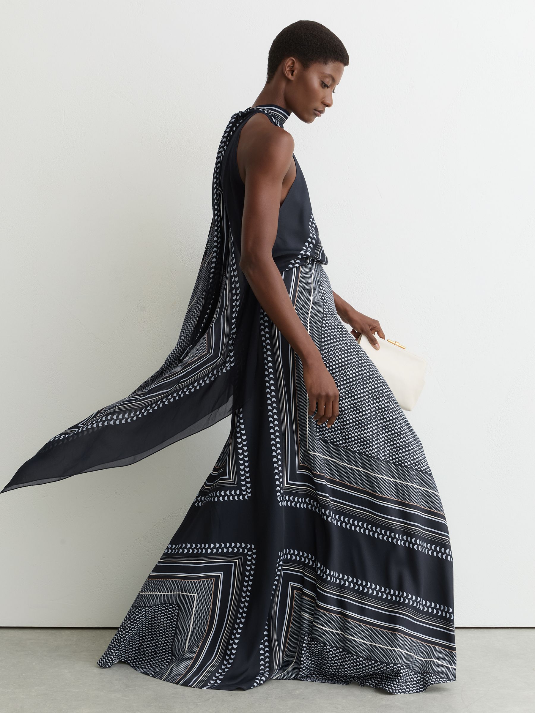 Scarf-Print Tie-Neck Maxi Dress in Navy - Image 1 of 7
