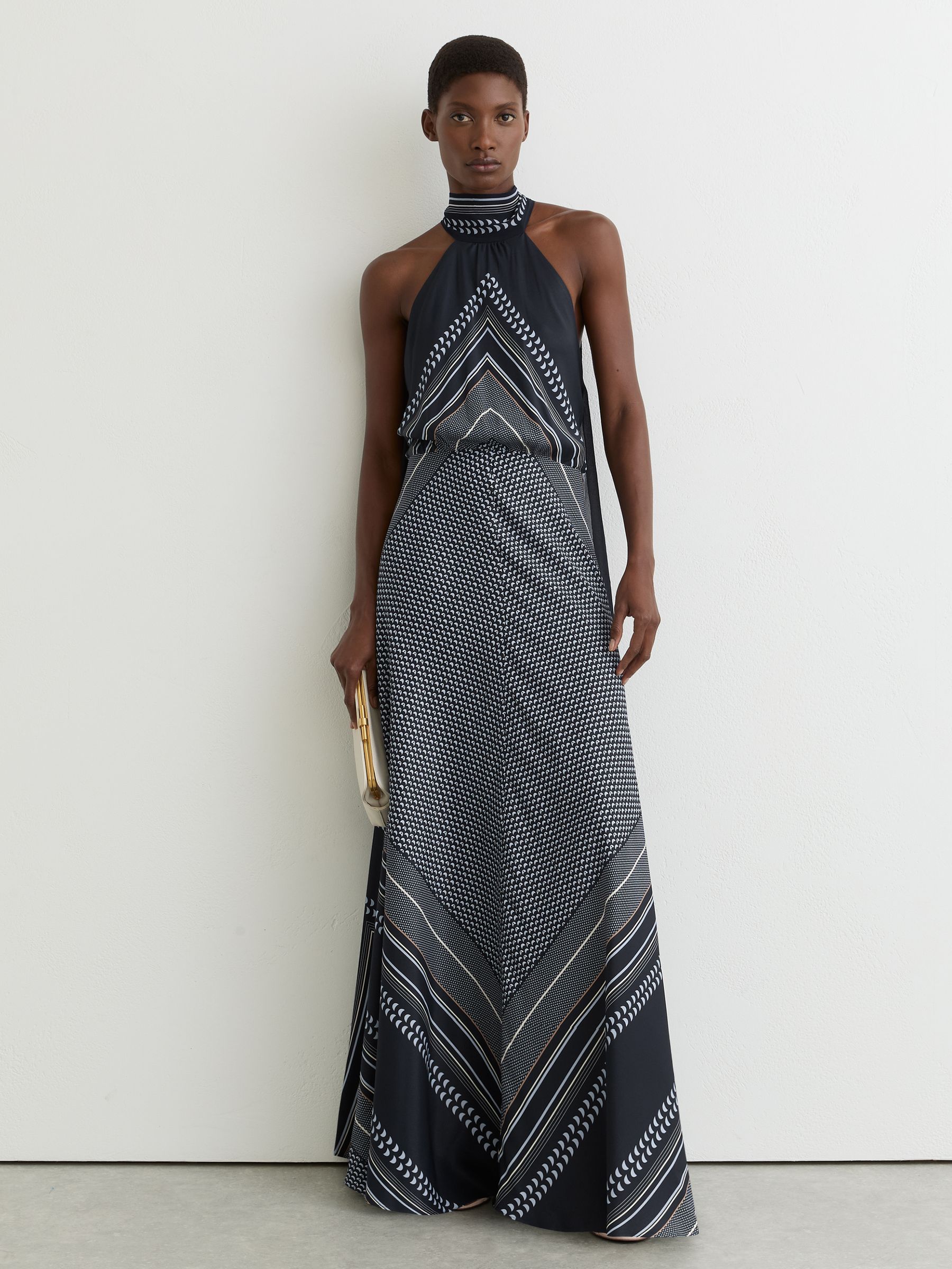 Scarf-Print Tie-Neck Maxi Dress in Navy - Image 3 of 7