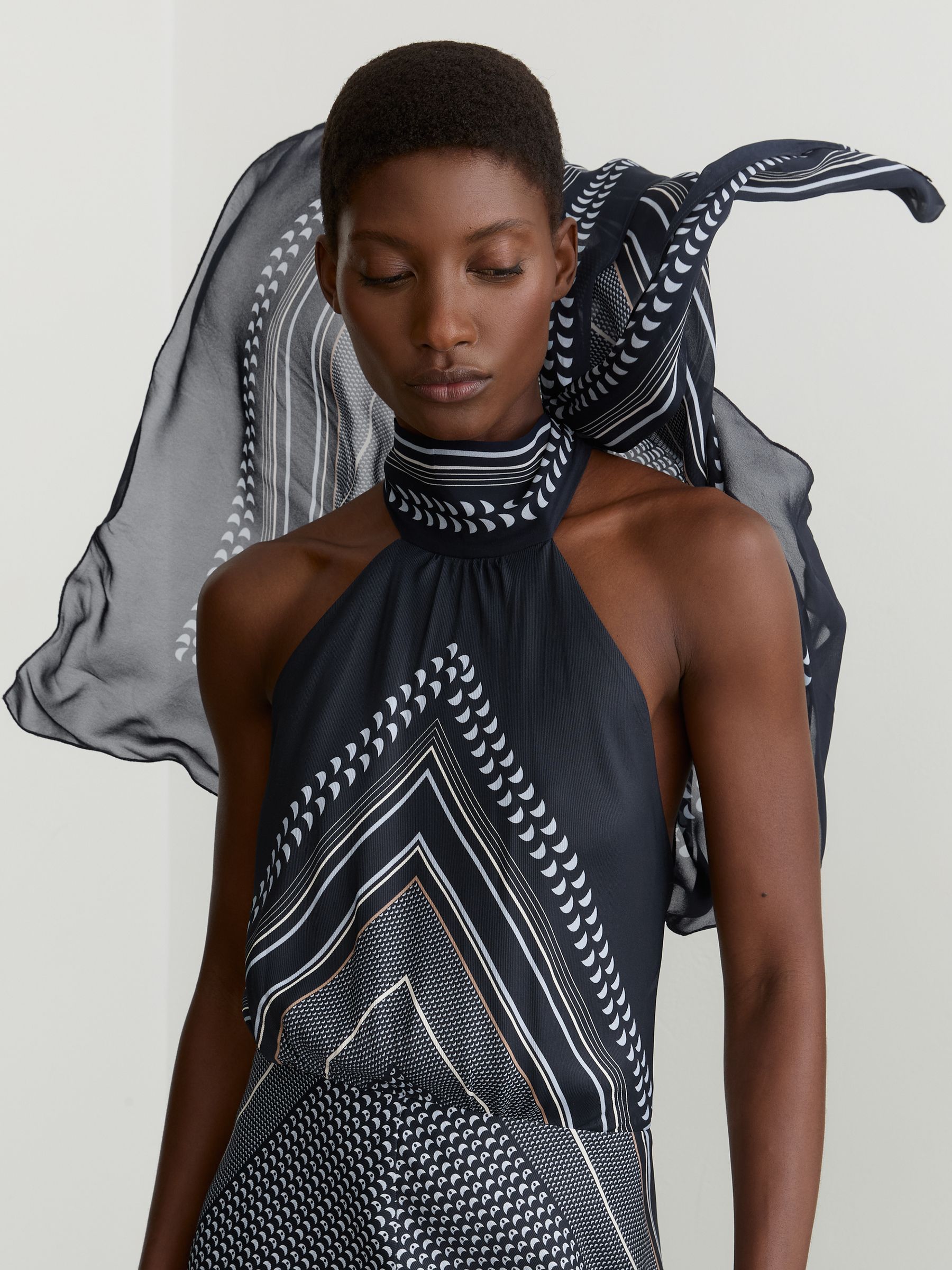 Scarf-Print Tie-Neck Maxi Dress in Navy - Image 4 of 7