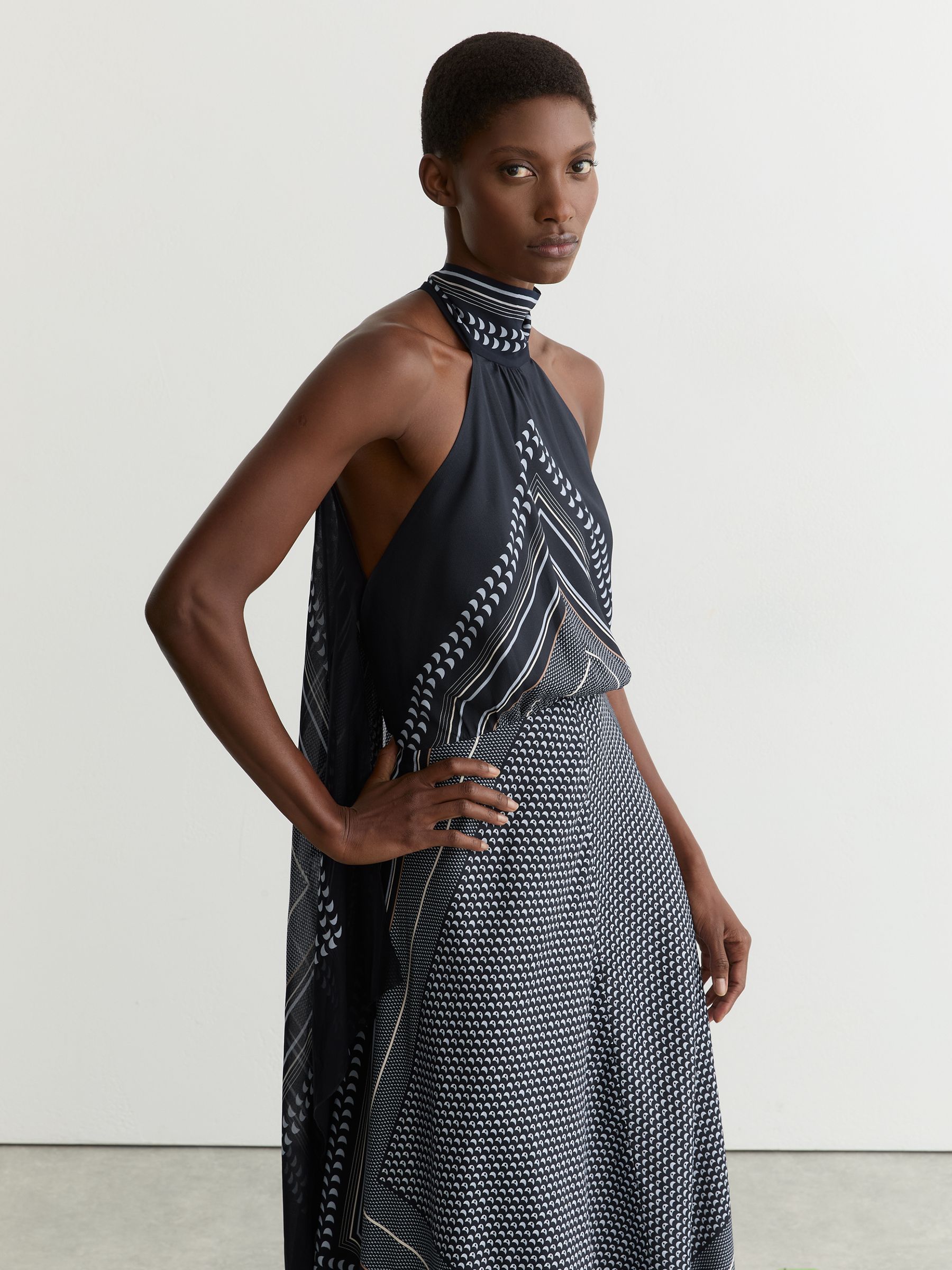 Scarf-Print Tie-Neck Maxi Dress in Navy - image 5