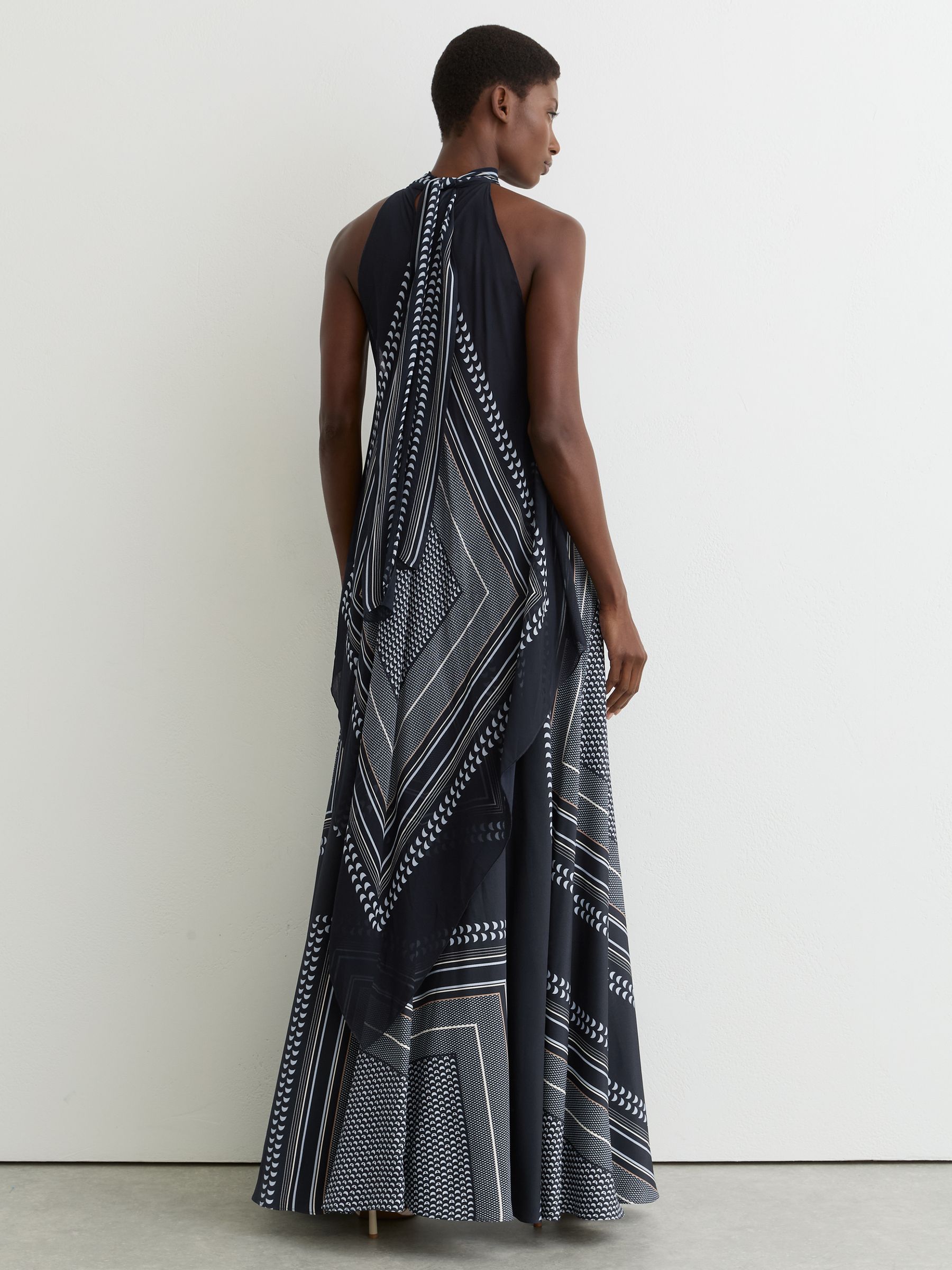 Scarf-Print Tie-Neck Maxi Dress in Navy - image 3