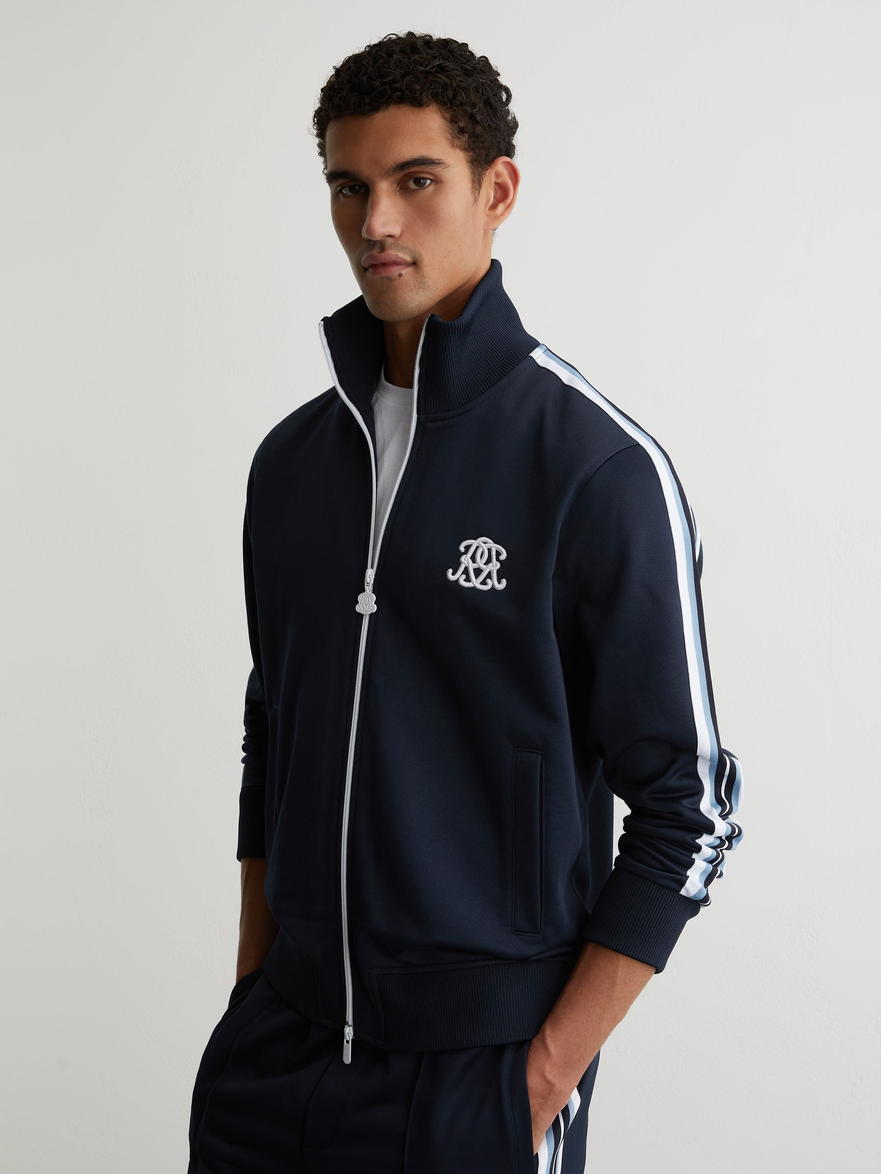 Monogram Relaxed Dual-Zip Track Jacket in Navy - Image 1 of 7 Monogram Relaxed Dual-Zip Track Jacket in Navy - Image 1 of 7