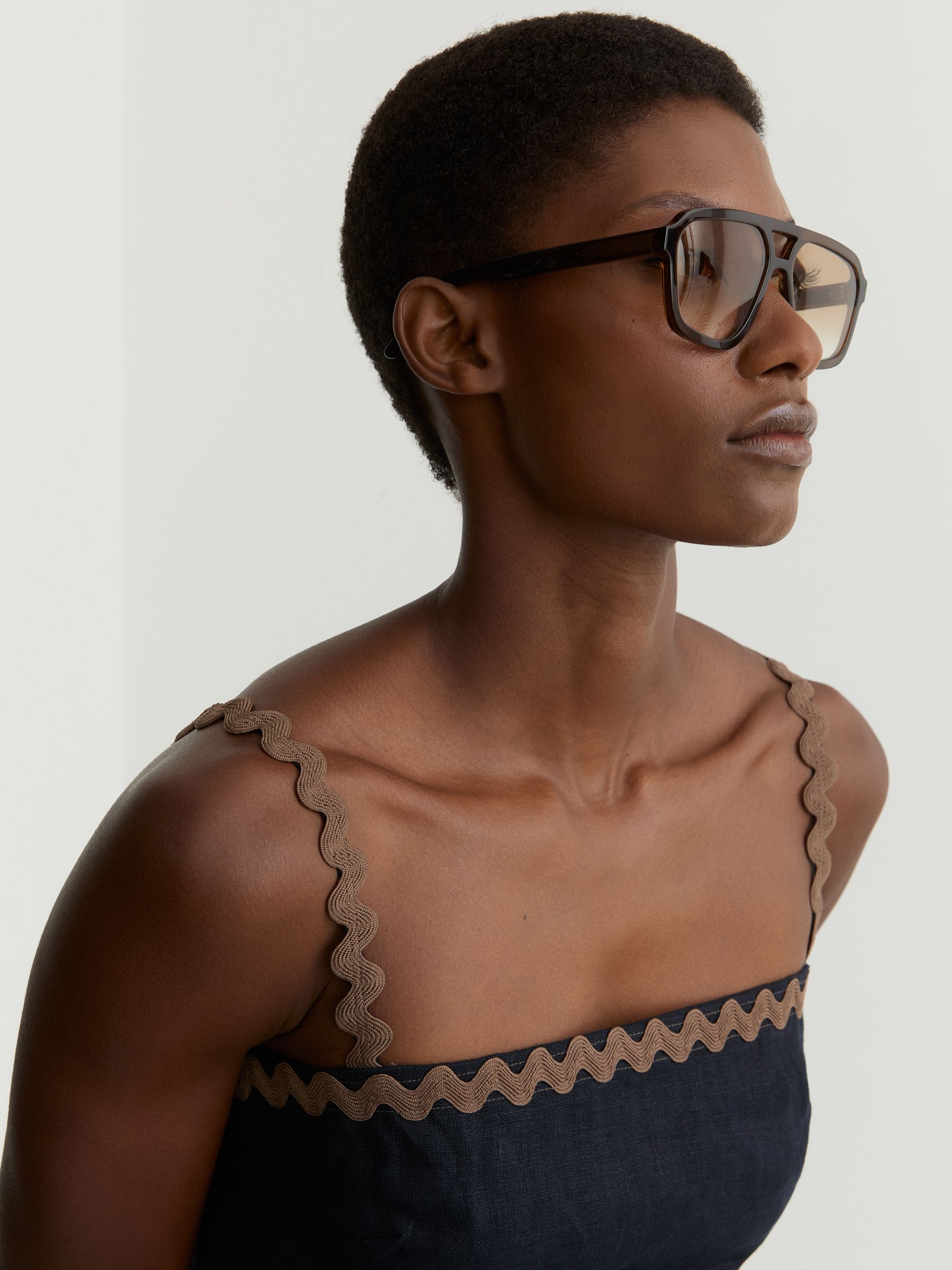 Linen Wave-Trim Cropped Cami Top in Navy/Brown - image 5