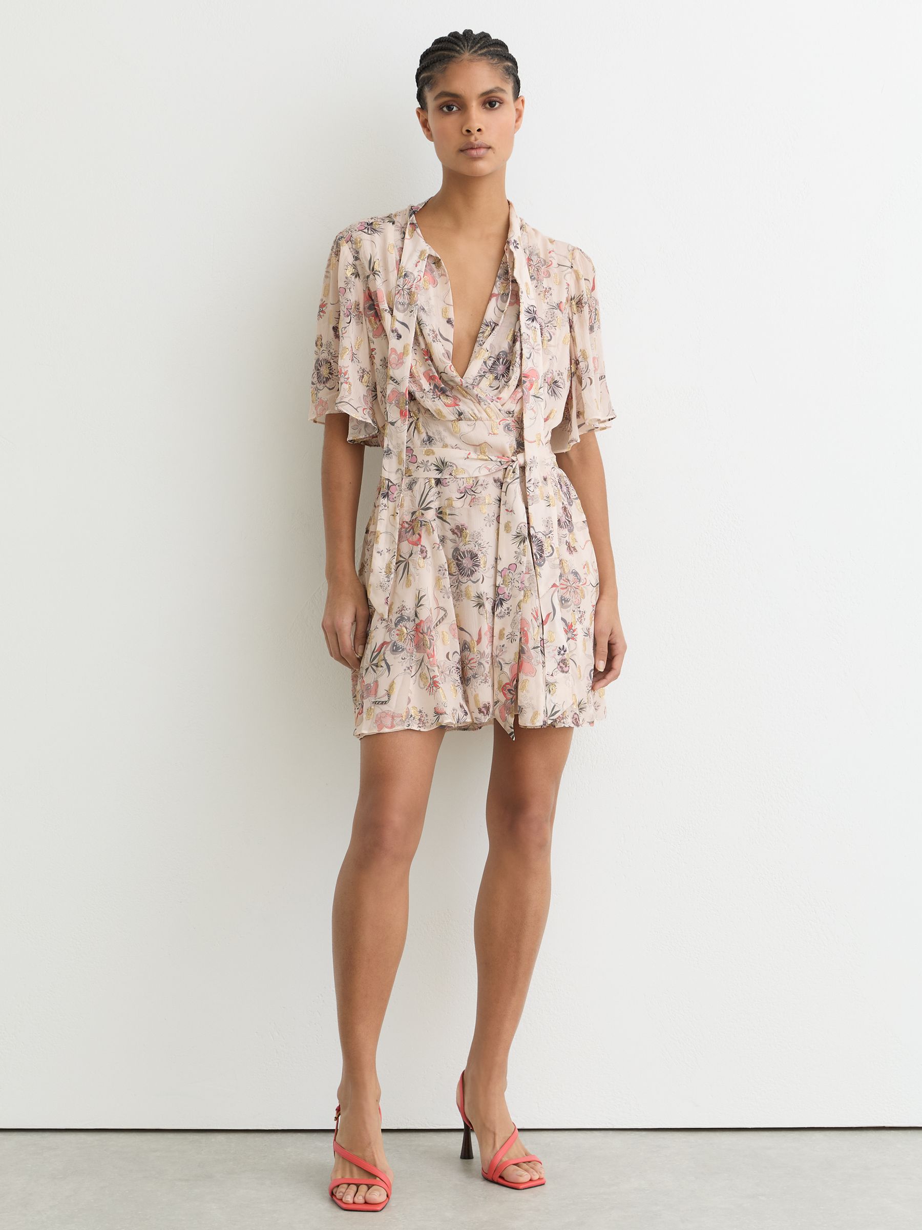 Metallic-Floral Flippy Mini Dress in Neutral - Image 1 of 6 Metallic-Floral Flippy Mini Dress in Neutral - Image 1 of 6