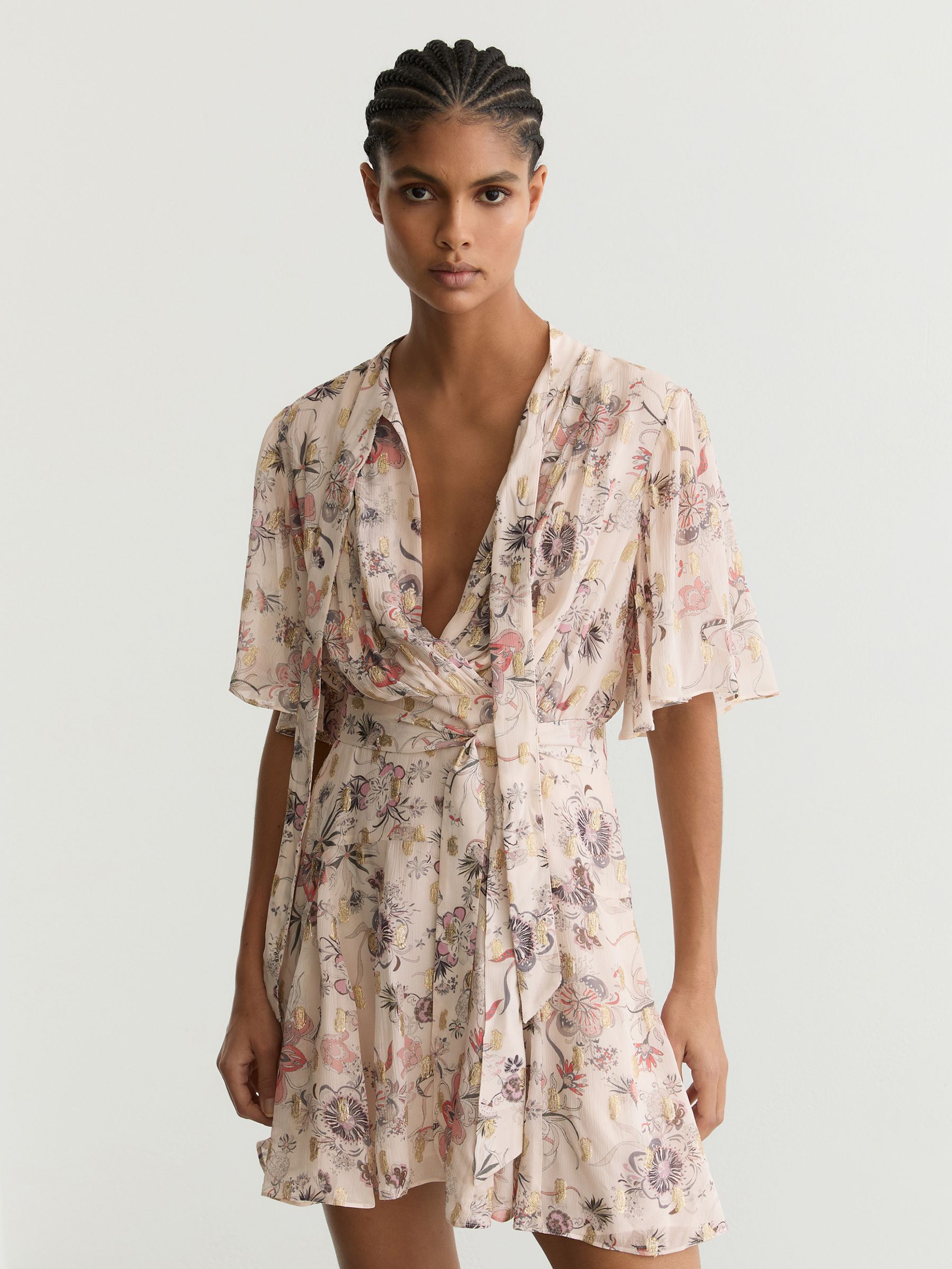 Metallic-Floral Flippy Mini Dress in Neutral - image 5