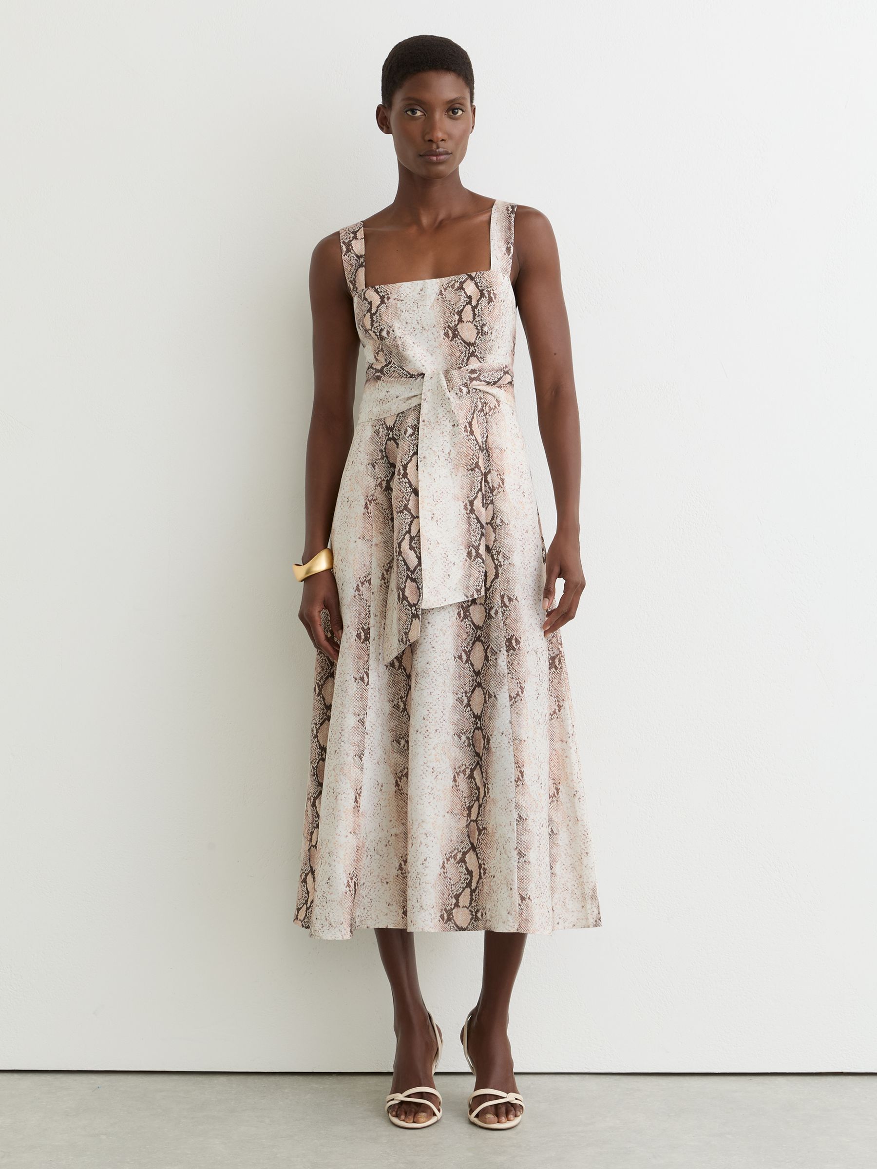 Linen-Blend Snake-Print Midi Dress in Neutral - Image 1 of 6
