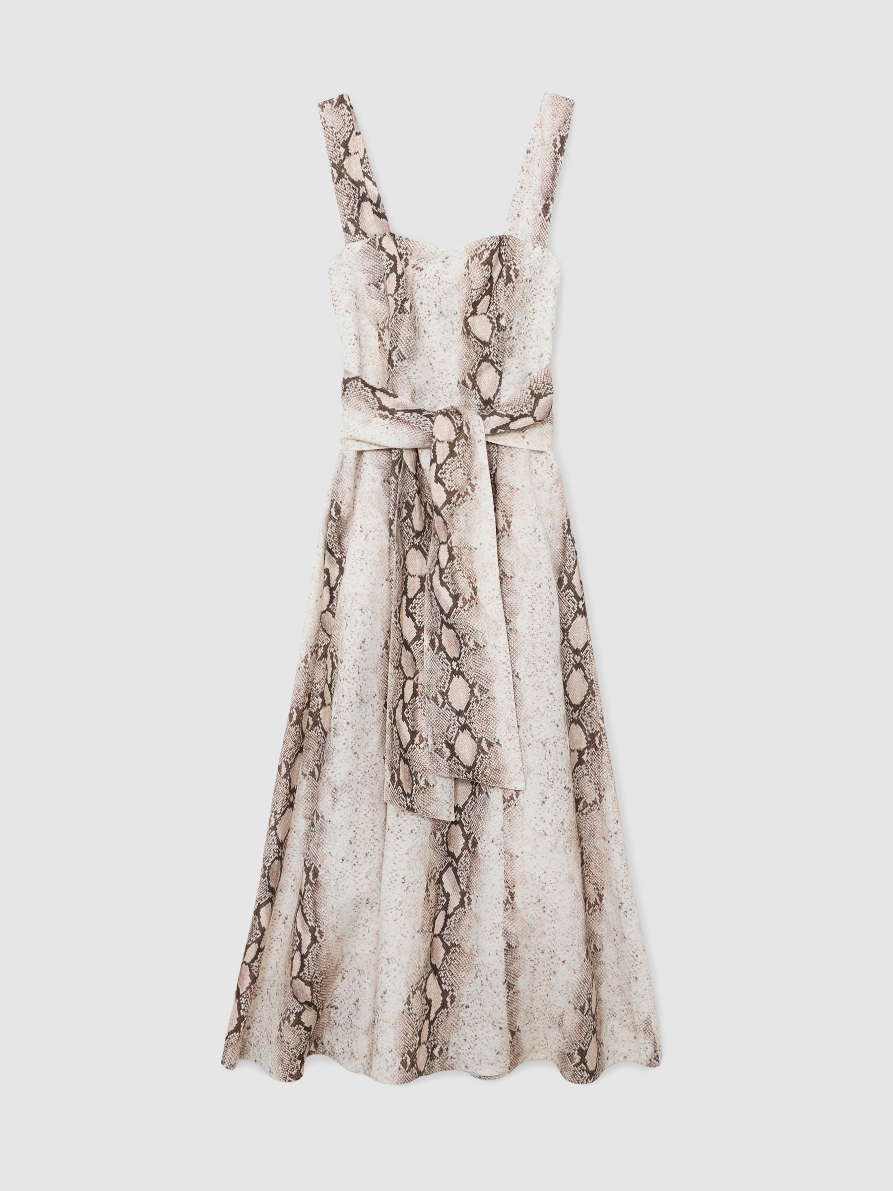Linen-Blend Snake-Print Midi Dress in Neutral