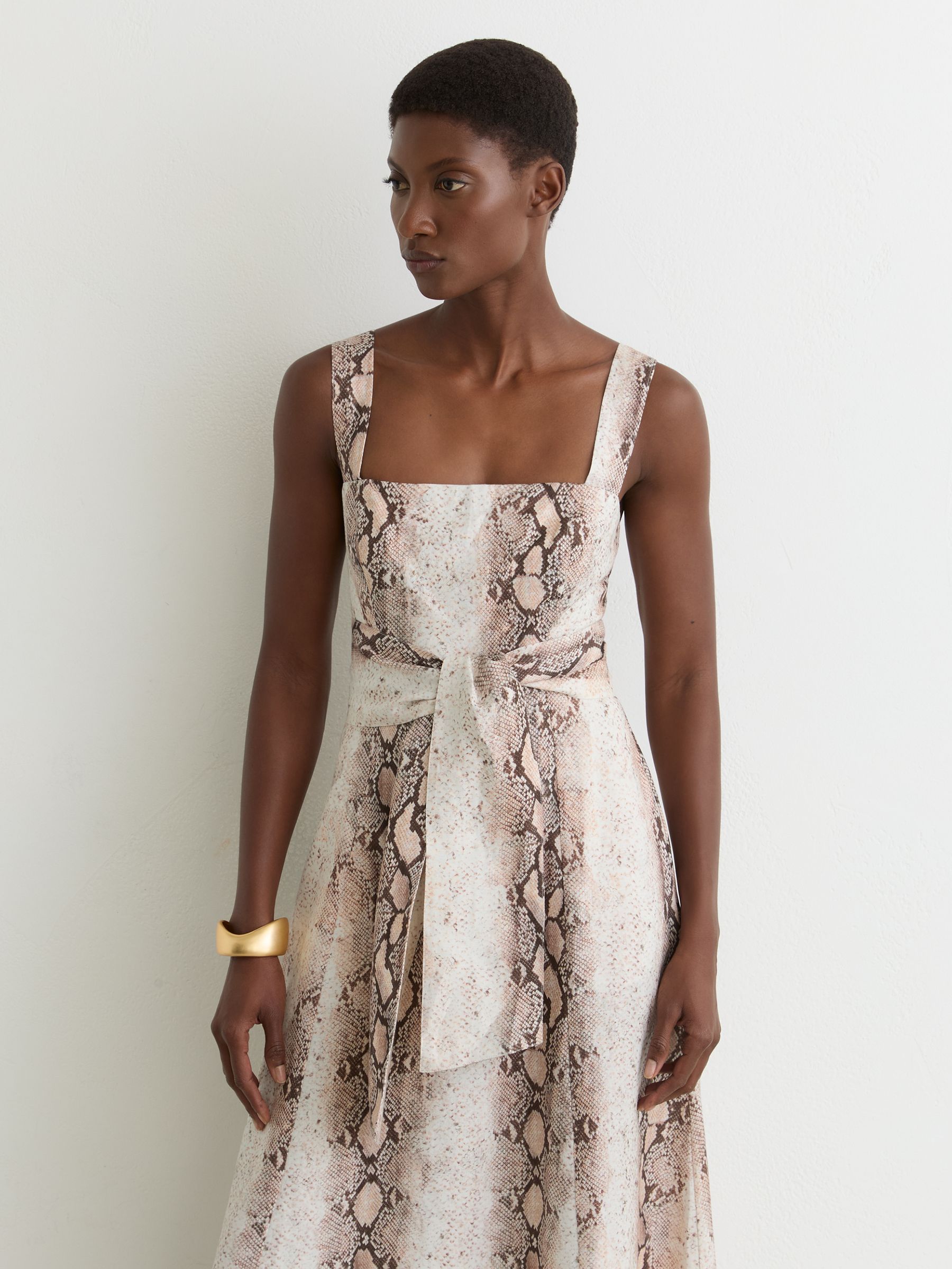 Linen-Blend Snake-Print Midi Dress in Neutral - Image 3 of 6