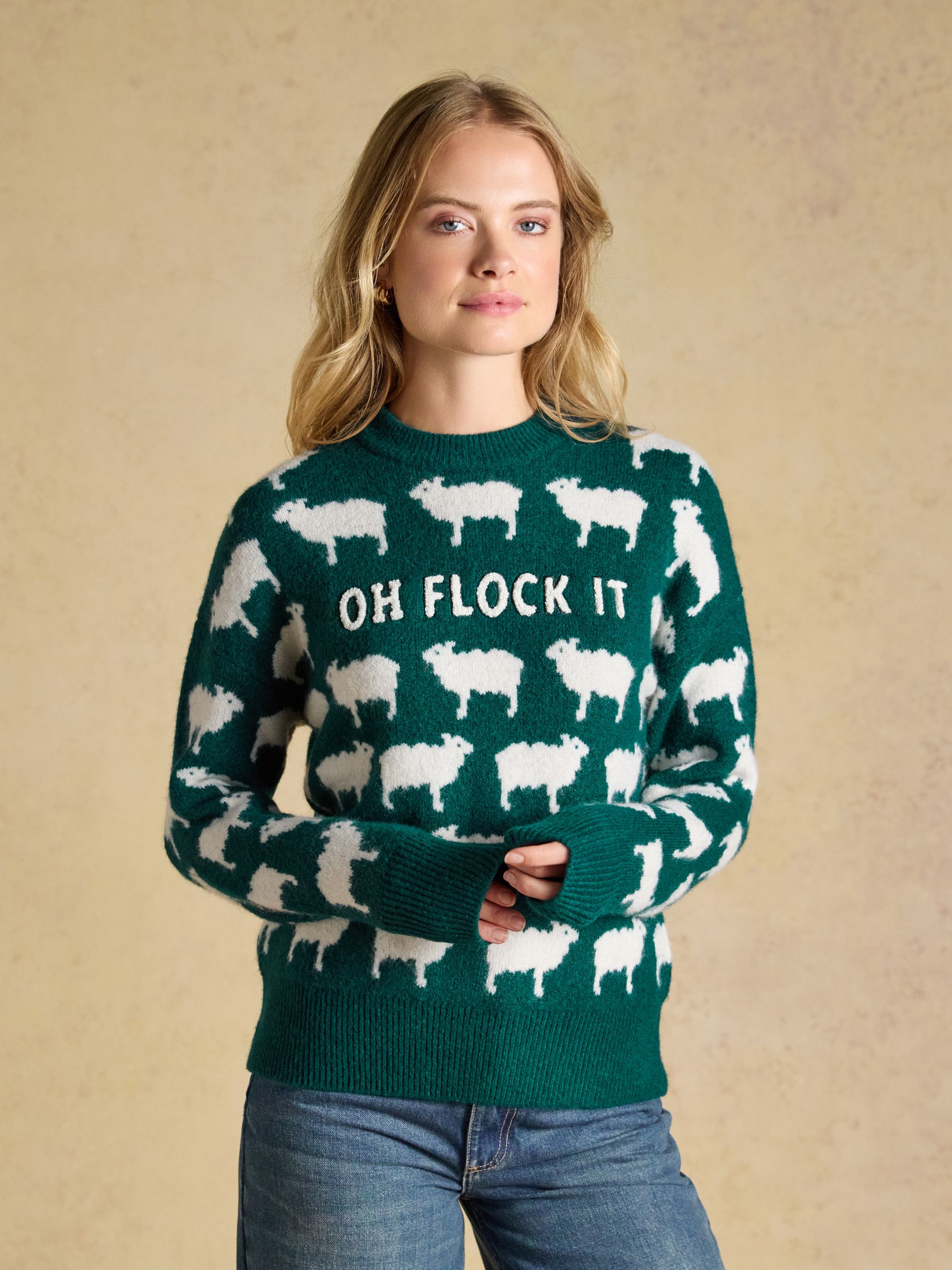 Oh Flock It Green Sheep Icon Crew Neck Knitted Jumper - Image 1 of 8 Oh Flock It Green Sheep Icon Crew Neck Knitted Jumper - Image 1 of 8