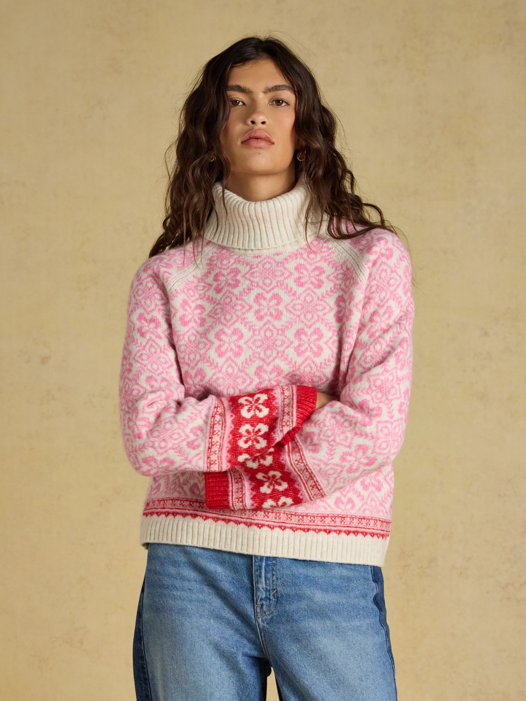 Pink Patterned Knitted Jumper with Detachable Roll Neck - Image 1 of 8 Pink Patterned Knitted Jumper with Detachable Roll Neck - Image 1 of 8
