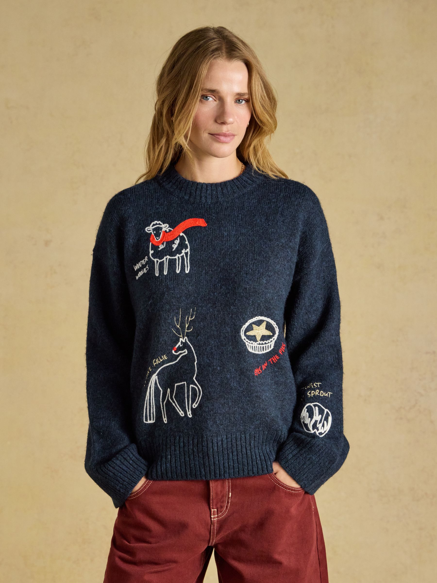 Navy Embroidered Christmas Icons Crew Neck Jumper - Image 1 of 9 Navy Embroidered Christmas Icons Crew Neck Jumper - Image 1 of 9