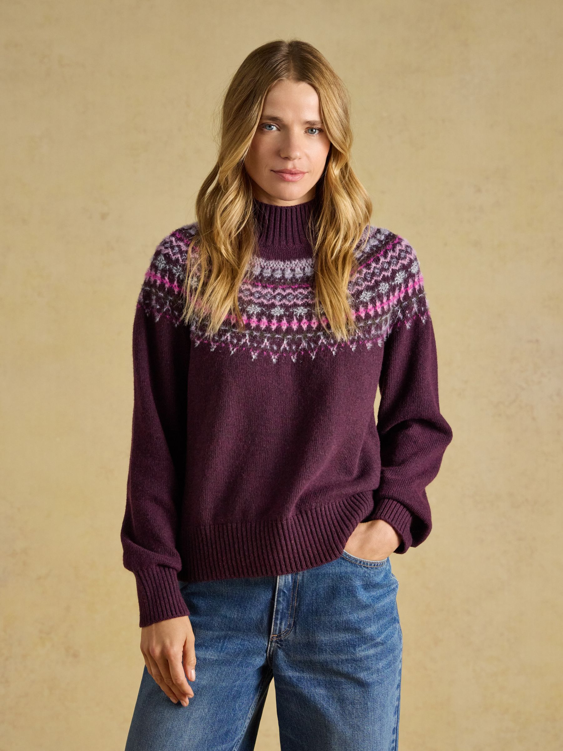 Wine Fair Isle High Neck Jumper - Image 1 of 7 Wine Fair Isle High Neck Jumper - Image 1 of 7