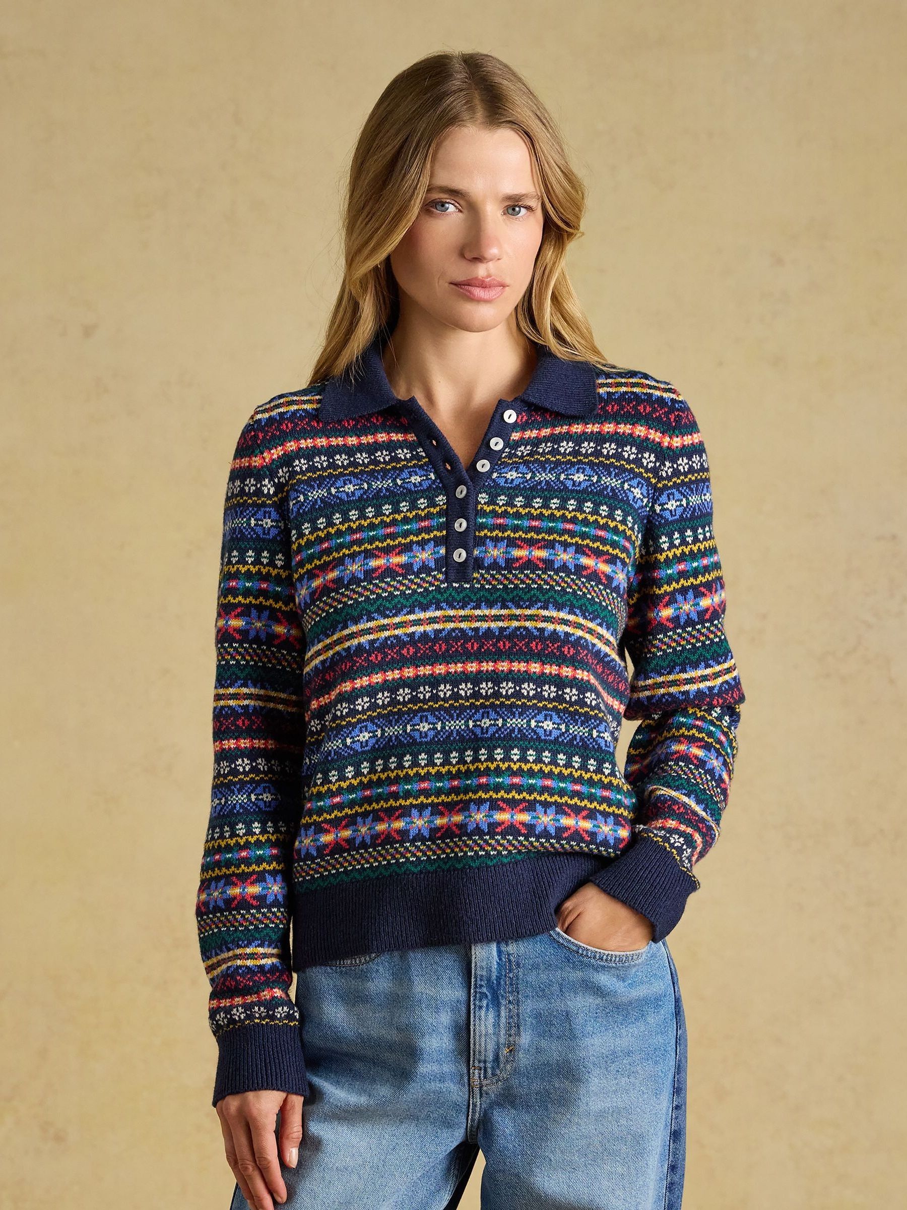 Fair Isle Navy Collared Cotton Blend Knitted Jumper - Image 1 of 11 Fair Isle Navy Collared Cotton Blend Knitted Jumper - Image 1 of 11