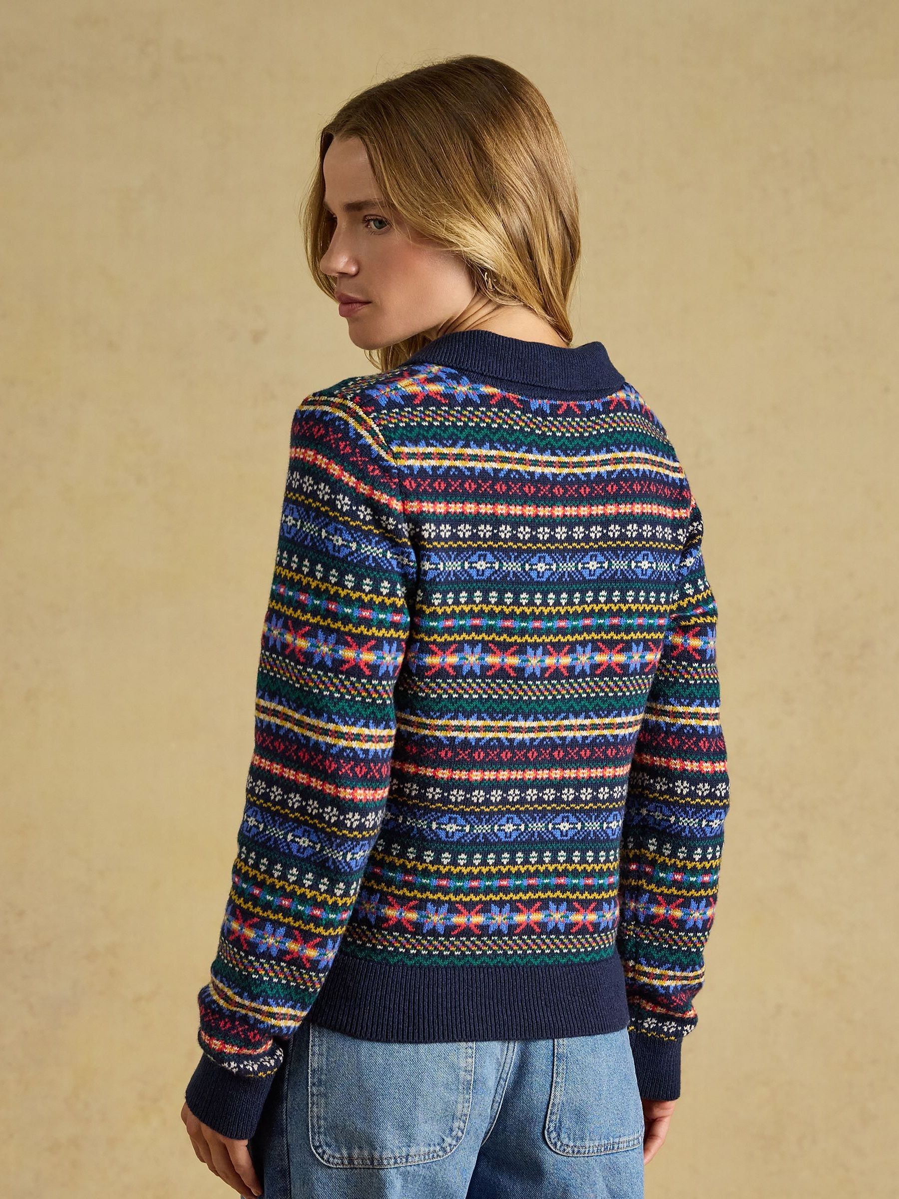 Fair Isle Navy Collared Cotton Blend Knitted Jumper - Image 2 of 11 Fair Isle Navy Collared Cotton Blend Knitted Jumper - Image 2 of 11
