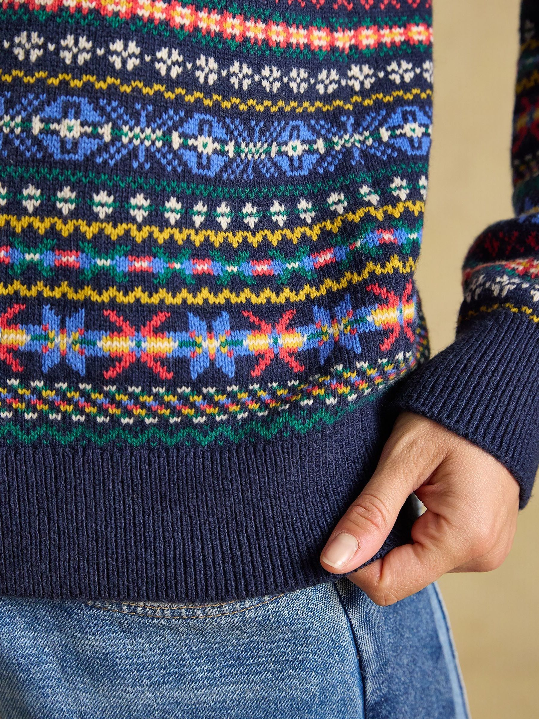 Fair Isle Navy Collared Cotton Blend Knitted Jumper - Image 5 of 11