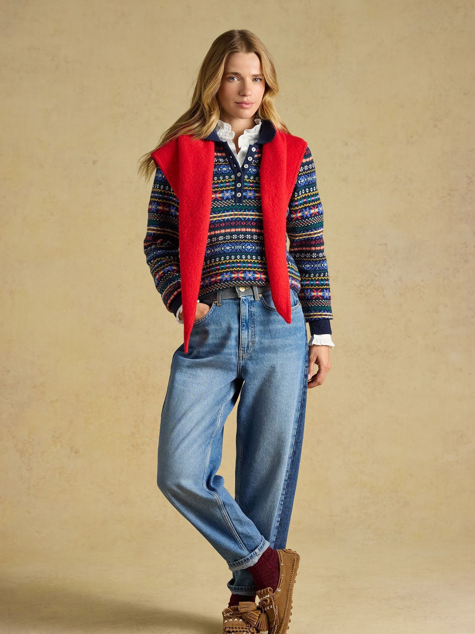 Fair Isle Navy Collared Cotton Blend Knitted Jumper - Image 6 of 11