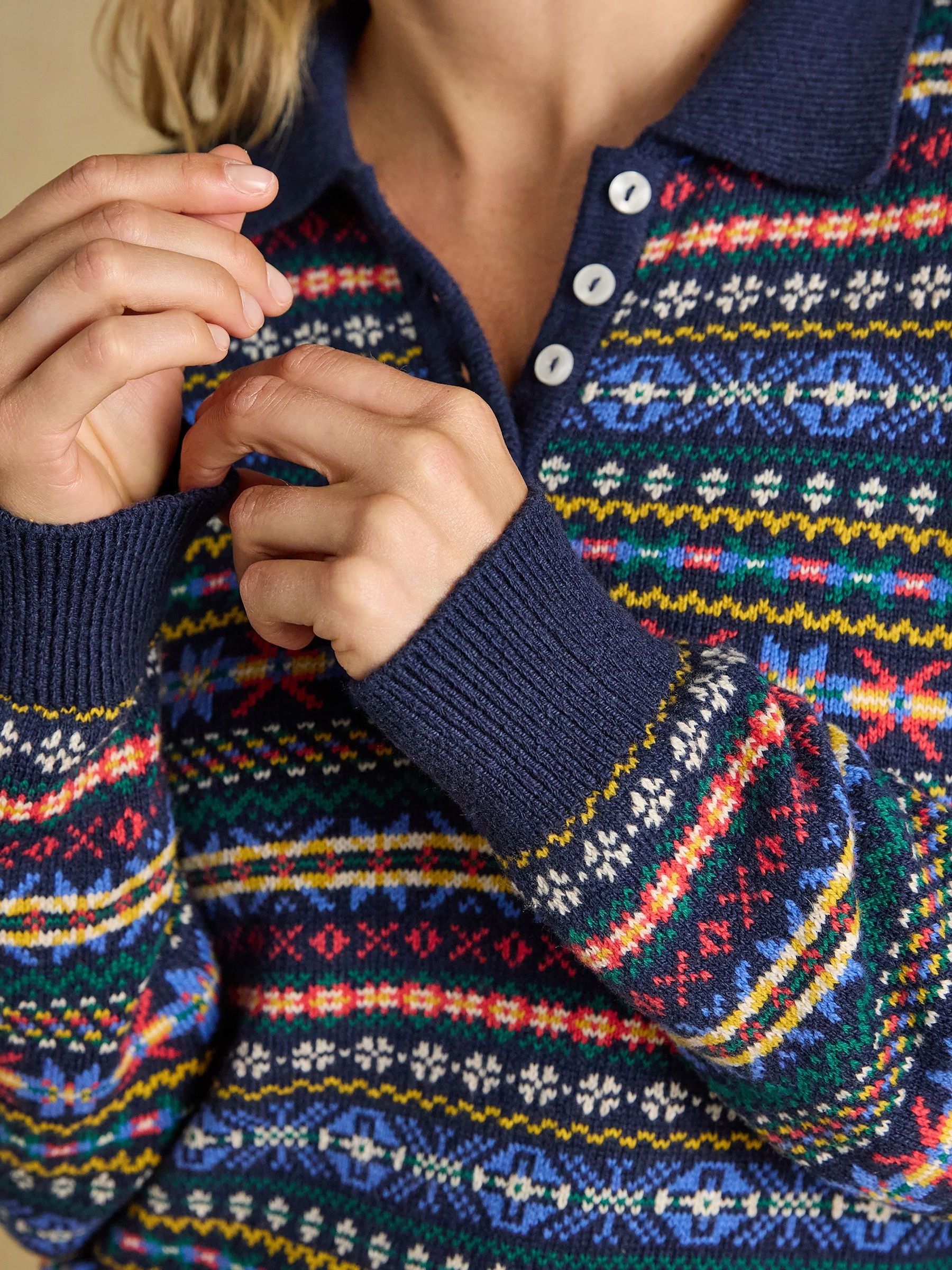 Fair Isle Navy Collared Cotton Blend Knitted Jumper - Image 7 of 11