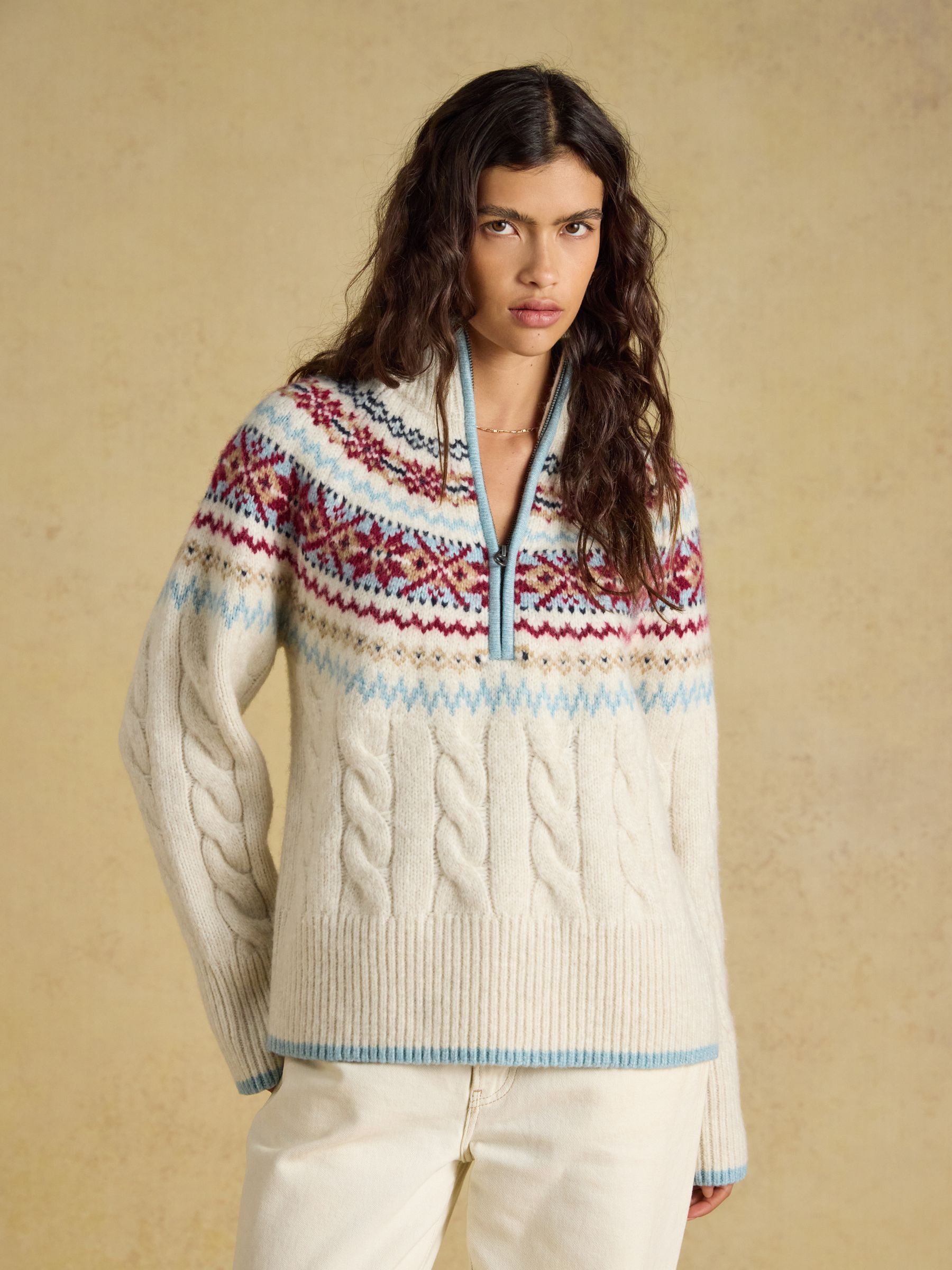 Cream Cable Knit Fair Isle Half Zip Jumper - Image 1 of 7 Cream Cable Knit Fair Isle Half Zip Jumper - Image 1 of 7